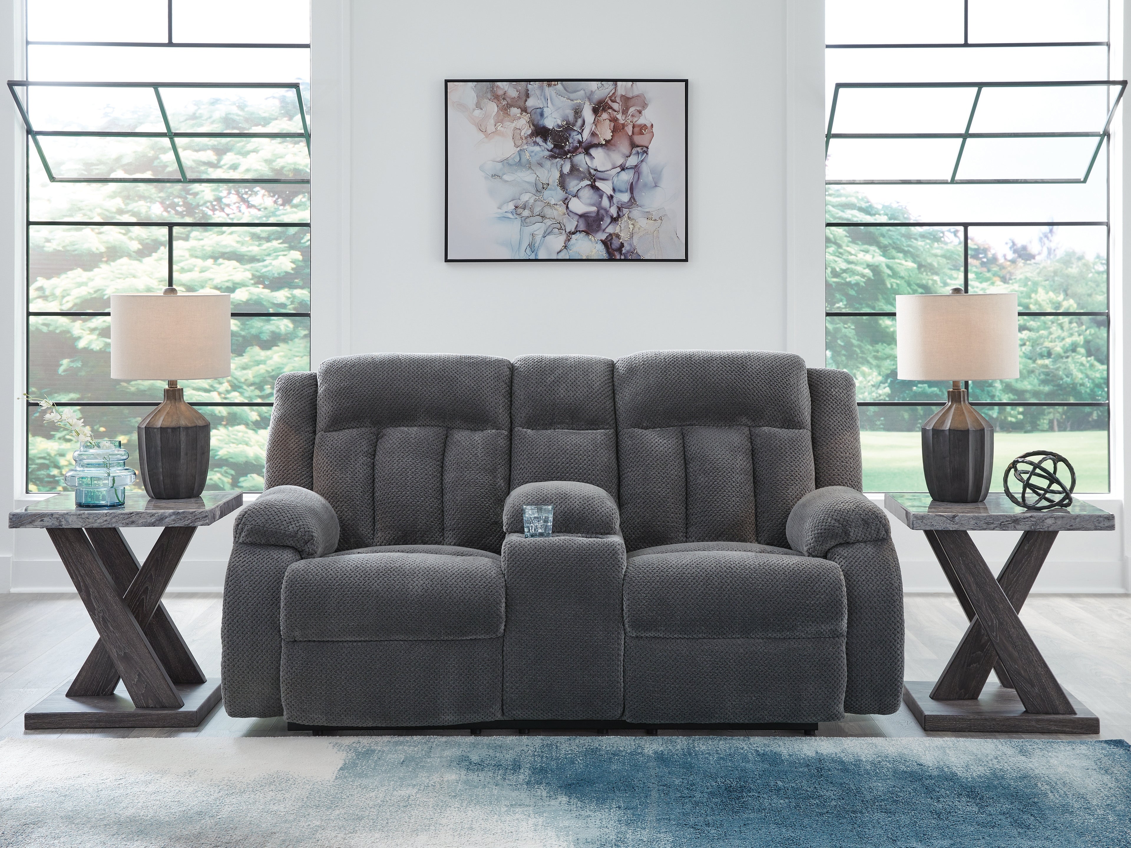 Coral Furniture - Ashley Furniture - Observation Living Room - DBL REC PWR Loveseat w/Console / Steel - PC2140596