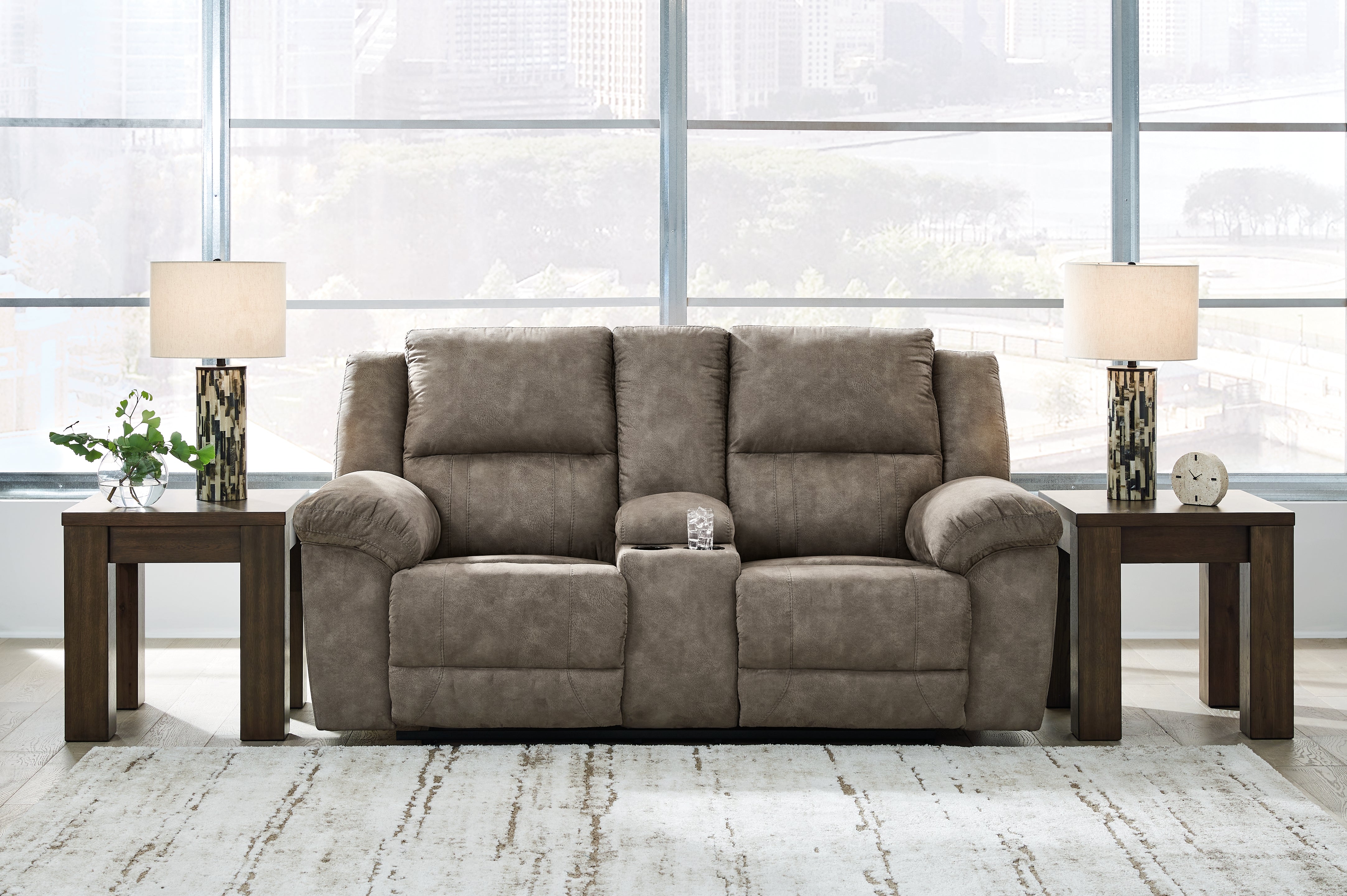Coral Furniture - Ashley Furniture - Laresview Living Room - DBL Rec Loveseat w/Console / Fossil - 3720394
