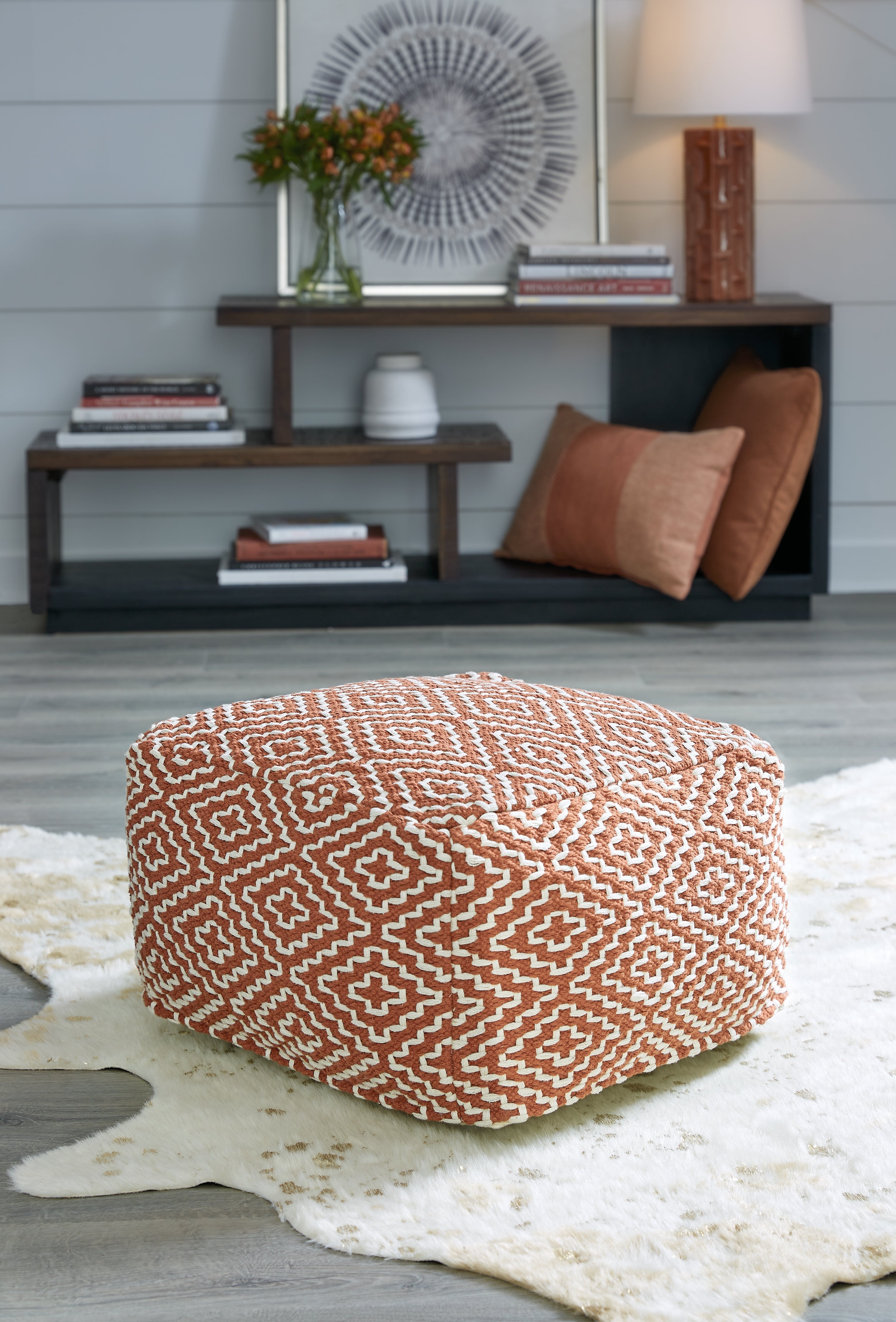 Coral Furniture - Ashley Furniture - Brynnsen Pouf - Pouf / Rust/Ivory - A1001056