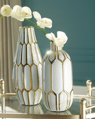 Coral Furniture - Ashley Furniture - Mohsen Vase - Vase Set (Set of 2) / Gold Finish/White - A2000135