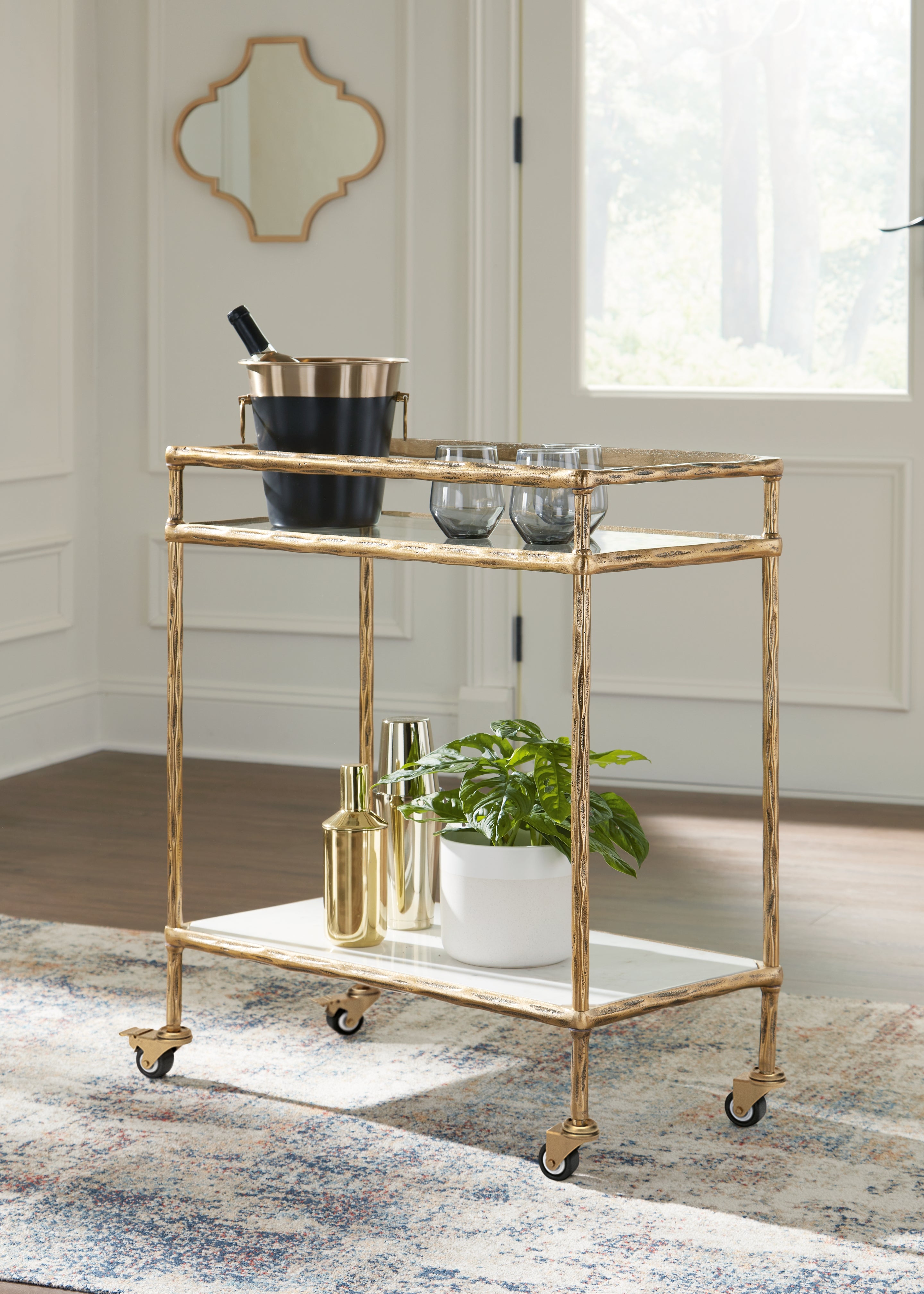 Coral Furniture - Ashley Furniture - Plattfield Bar Cart - Bar Cart / Antique Gold Finish - A4000625