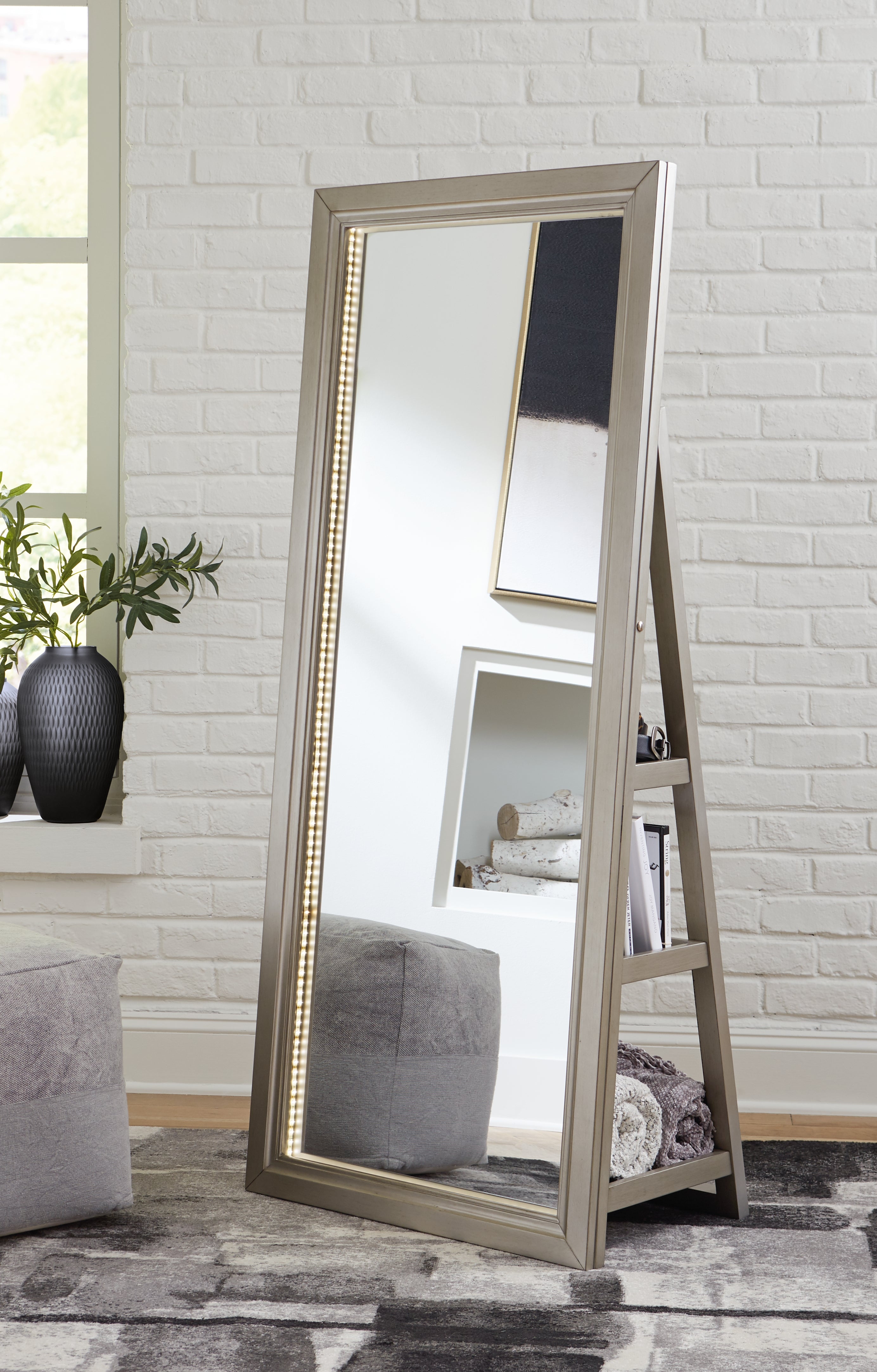 Coral Furniture - Ashley Furniture - Evesen Mirror - Floor Standing Mirror/Storage / Black - A8010384