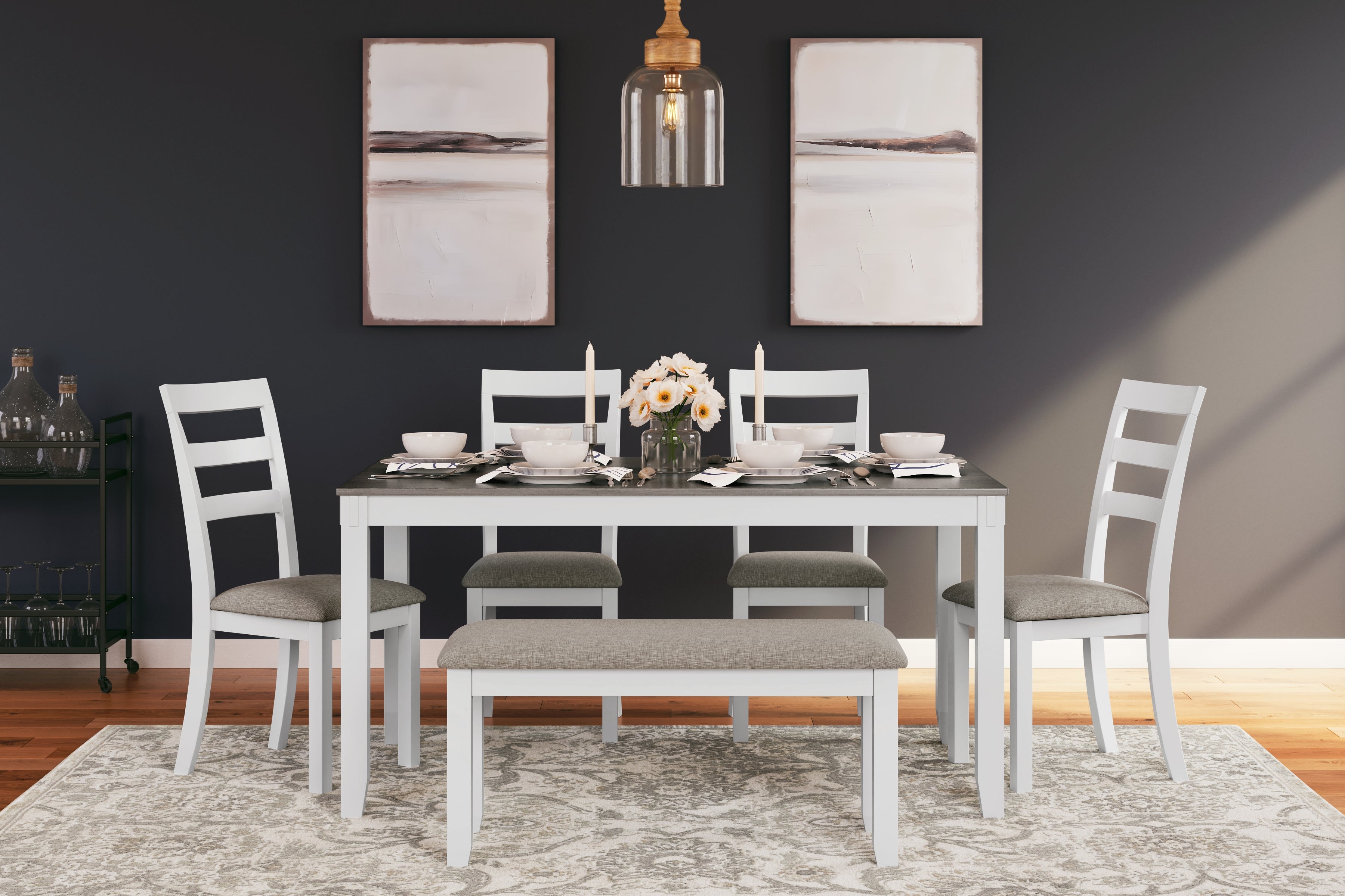 Coral Furniture - Ashley Furniture - Stonehollow Dining Room - RECT DRM Table Set (6/CN) / White/Gray - D382-325