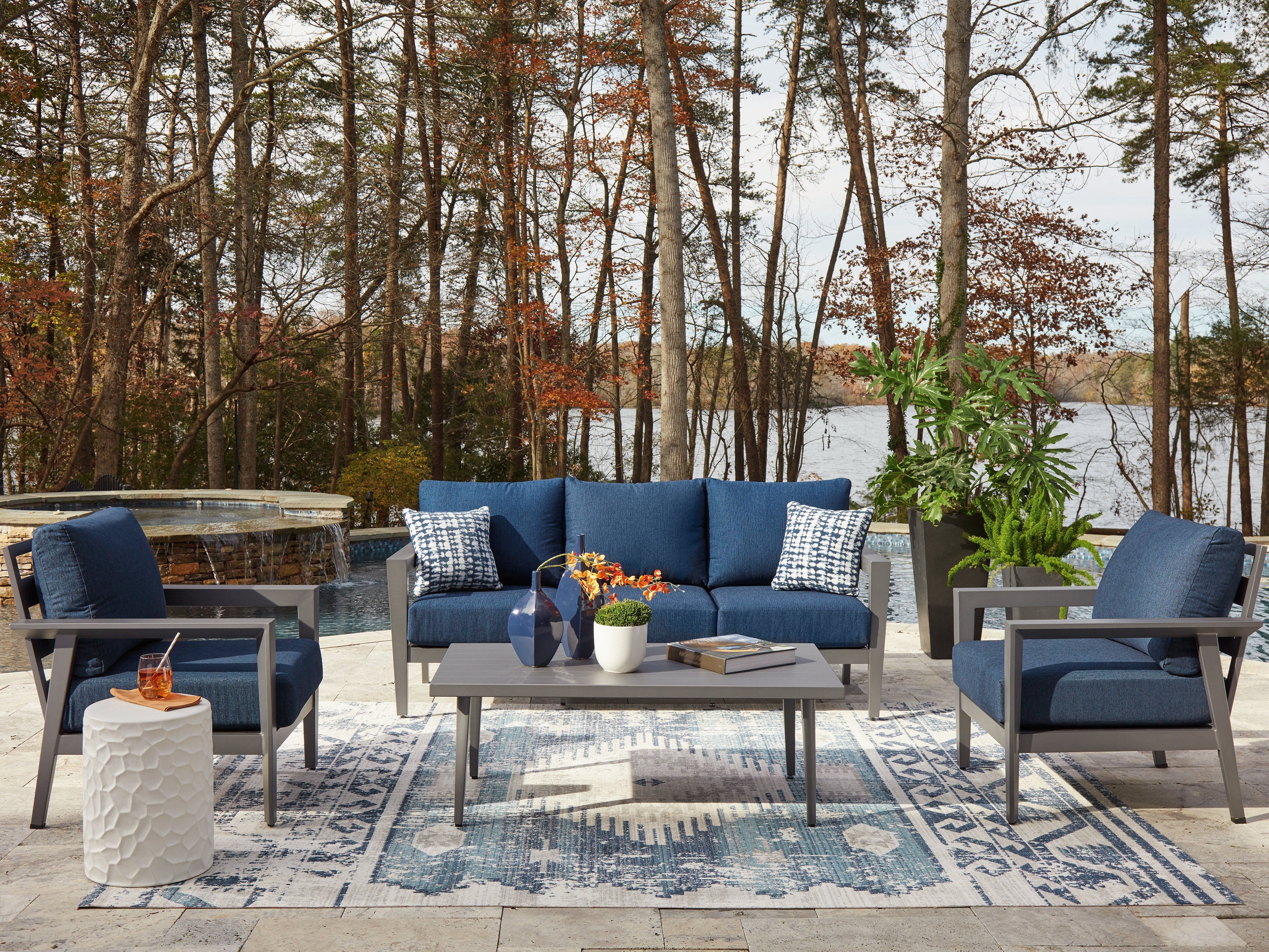 Coral Furniture - Ashley Furniture - Gali Outdoor - Sofa/Chairs/Table Set (4/CN) / Gray/Blue - P275-081