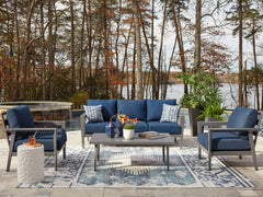 Coral Furniture - Ashley Furniture - Gali Outdoor - Sofa/Chairs/Table Set (4/CN) / Gray/Blue - P275-081