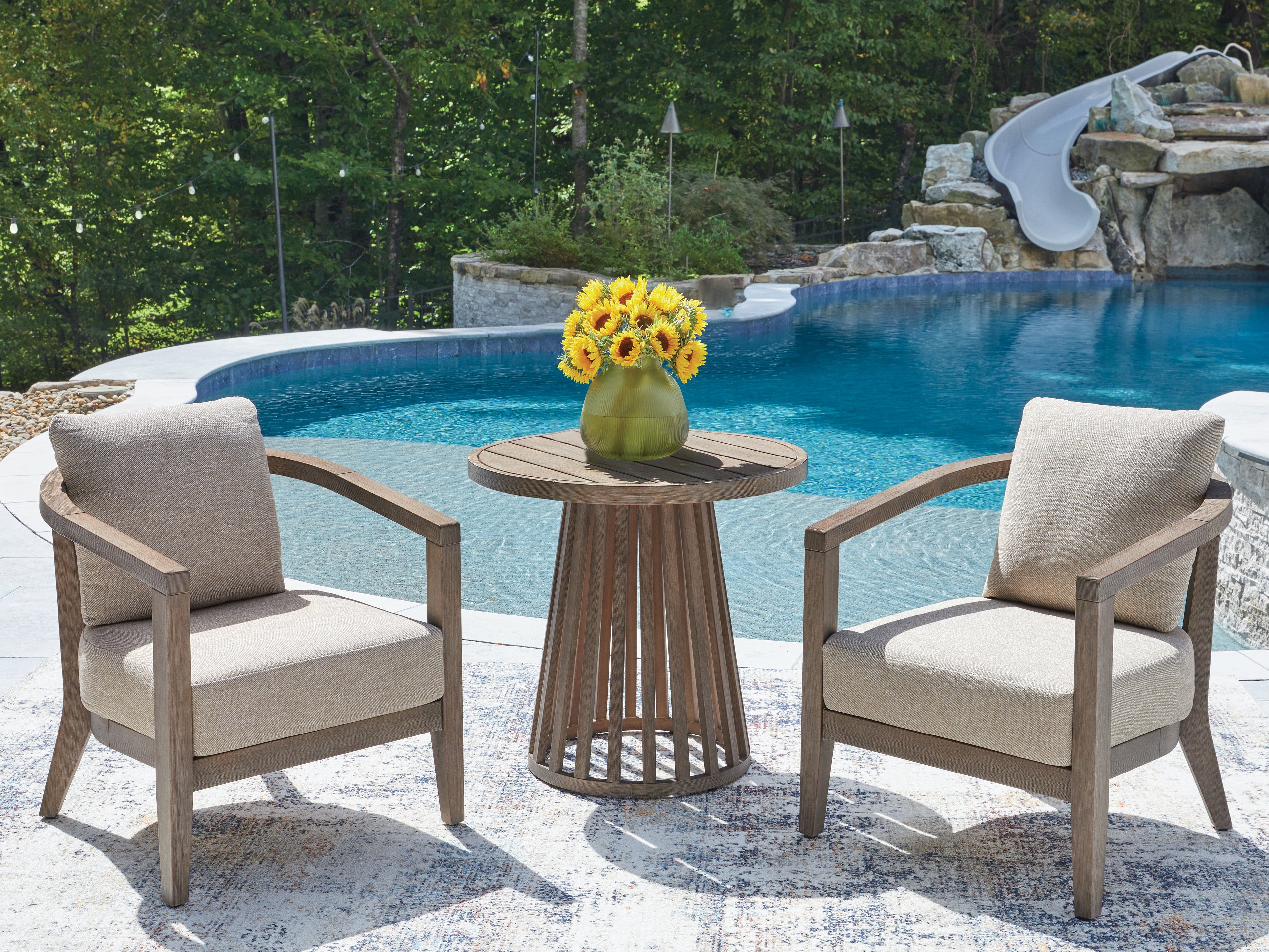 Coral Furniture - Ashley Furniture - Joy Lagoon Outdoor - Chairs w/CUSH/Table Set (3/CN) - PCP310-050