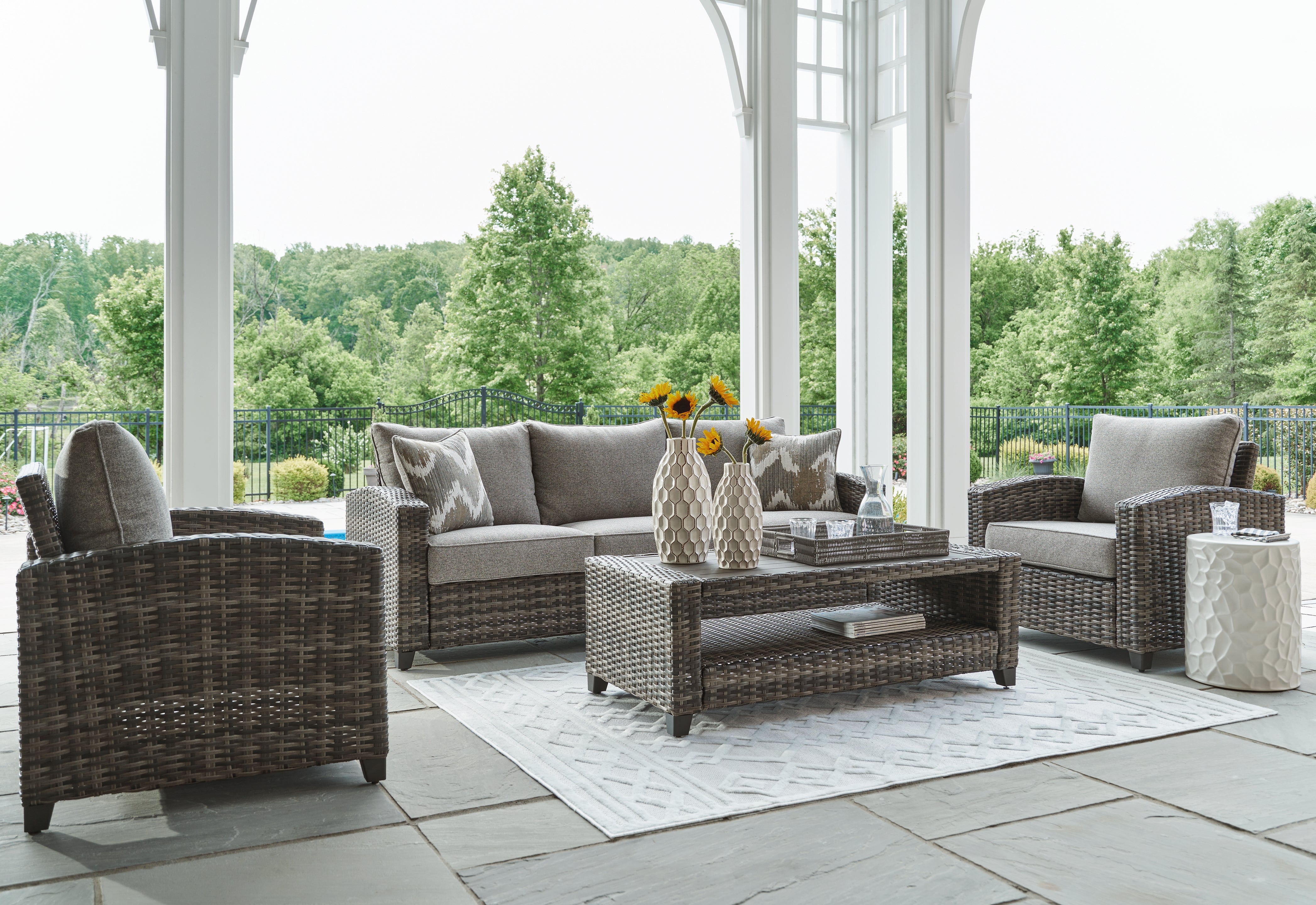 Coral Furniture - Ashley Furniture - Oasis Court Outdoor - Sofa/Chairs/Table Set (4/CN) / Gray - P335-081