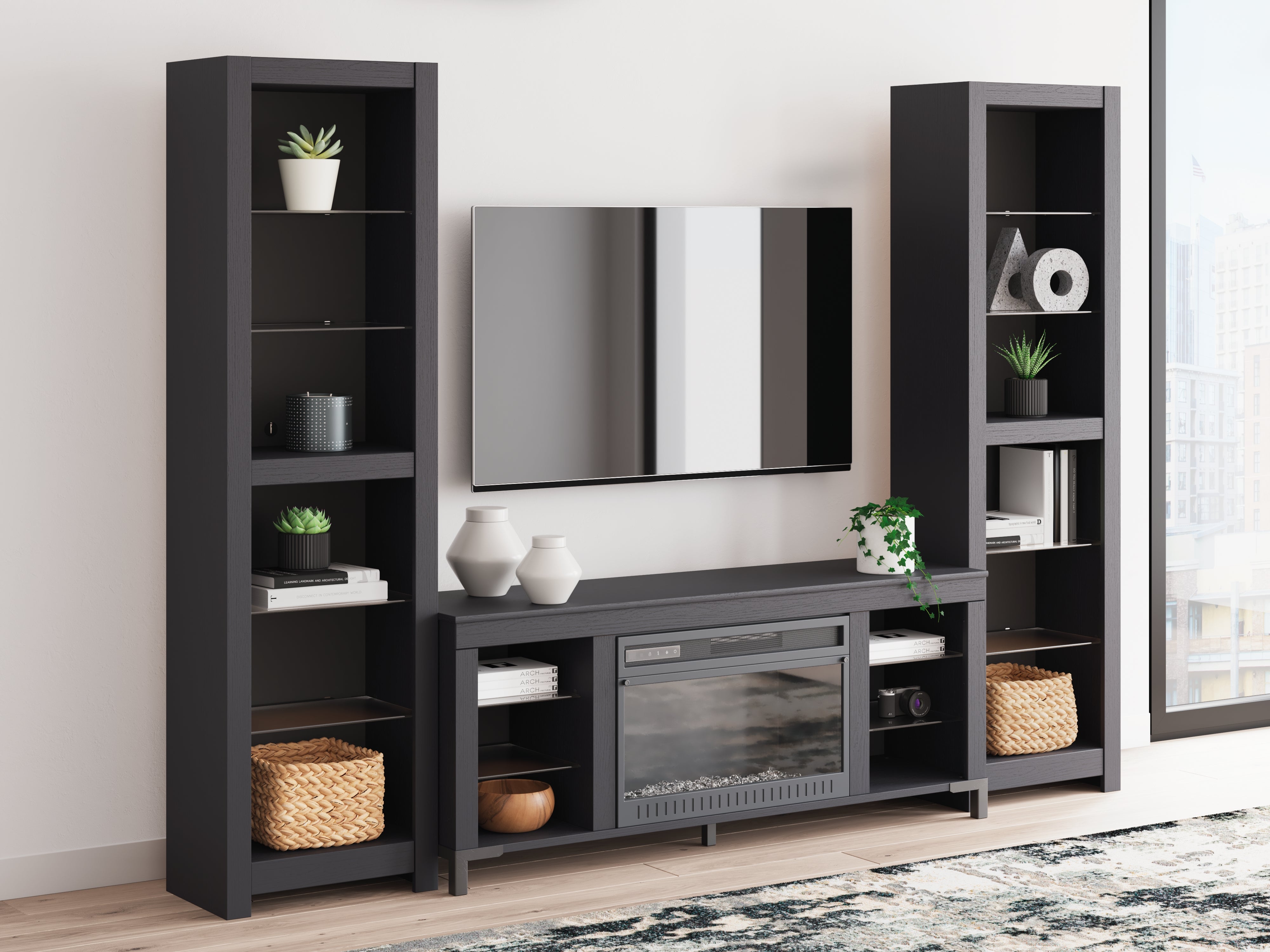 Coral Furniture - Ashley Furniture - Cayberry 3-Piece Entertainment Center with Electric Fireplace - 3-Piece Entertainment Center with Electric Fireplace / Black - W2721W2