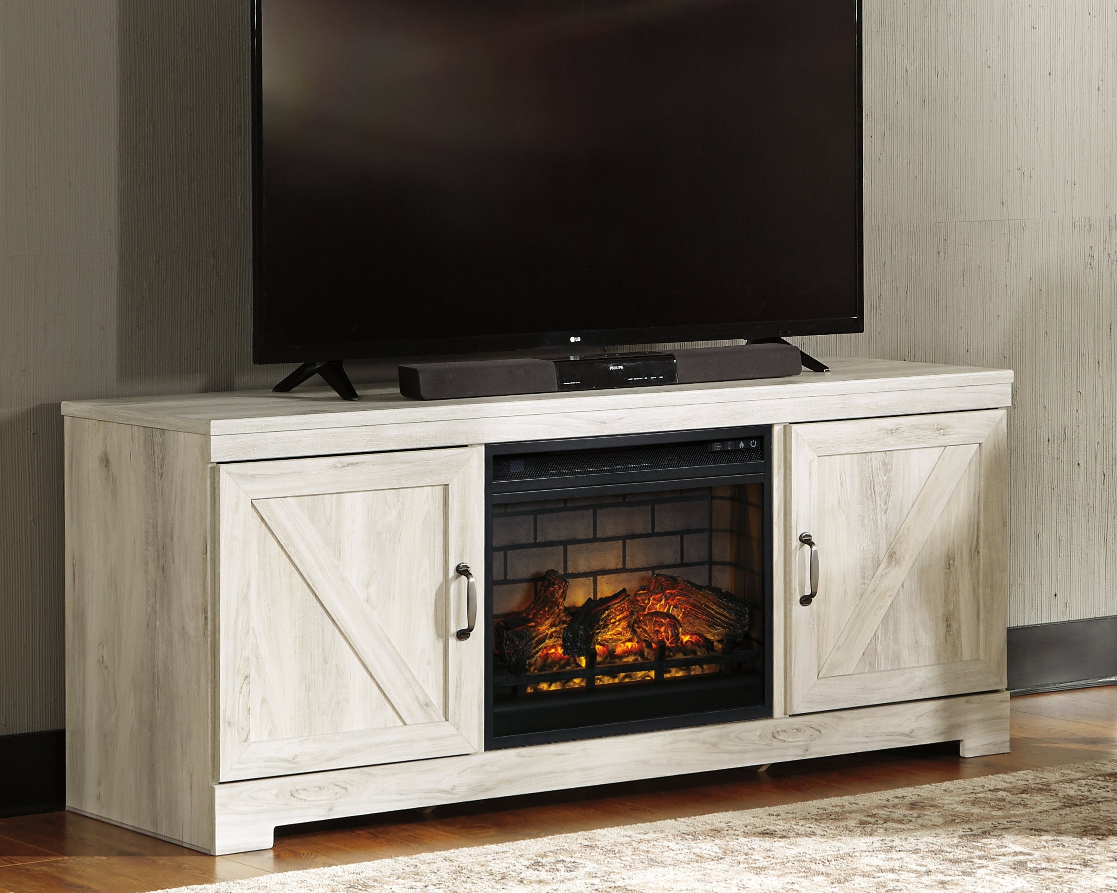 Coral Furniture - Ashley Furniture - Bellaby 63" TV Stand with Electric Fireplace - 63" TV Stand with Electric Fireplace / Whitewash - W331W9