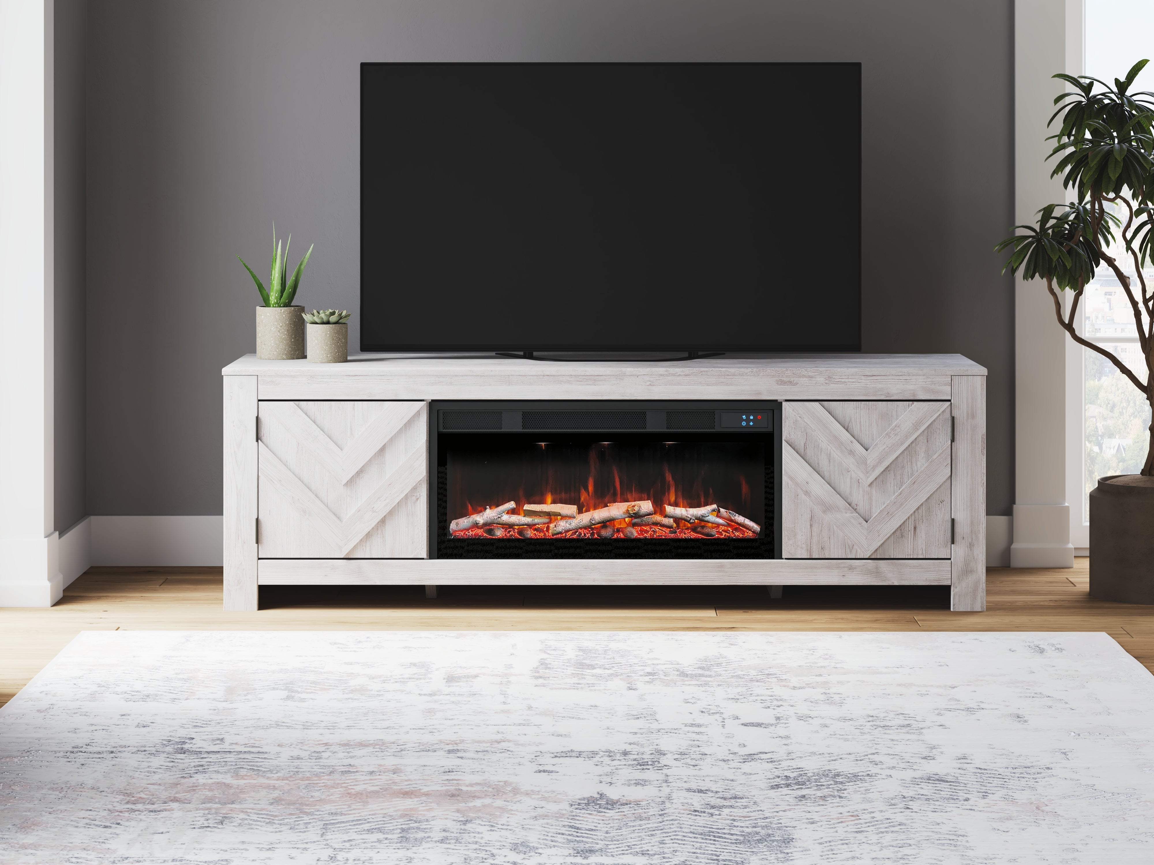 Coral Furniture - Ashley Furniture - Cayboni 71" TV Stand with Electric Fireplace - 71" TV Stand with Electric Fireplace / Whitewash - W3788W1