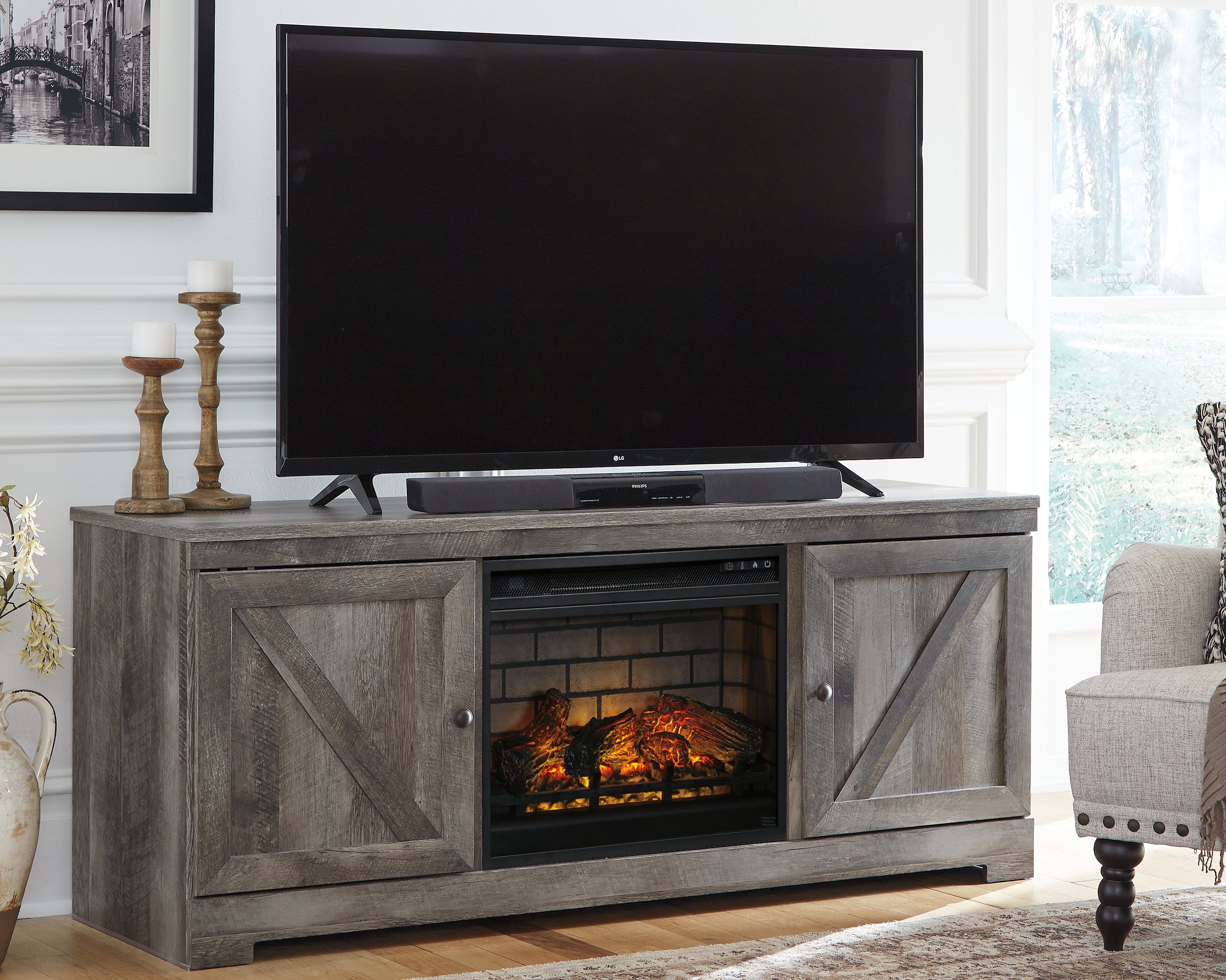 Coral Furniture - Ashley Furniture - Wynnlow 63" TV Stand with Electric Fireplace - 63" TV Stand with Electric Fireplace / Gray - W440W9