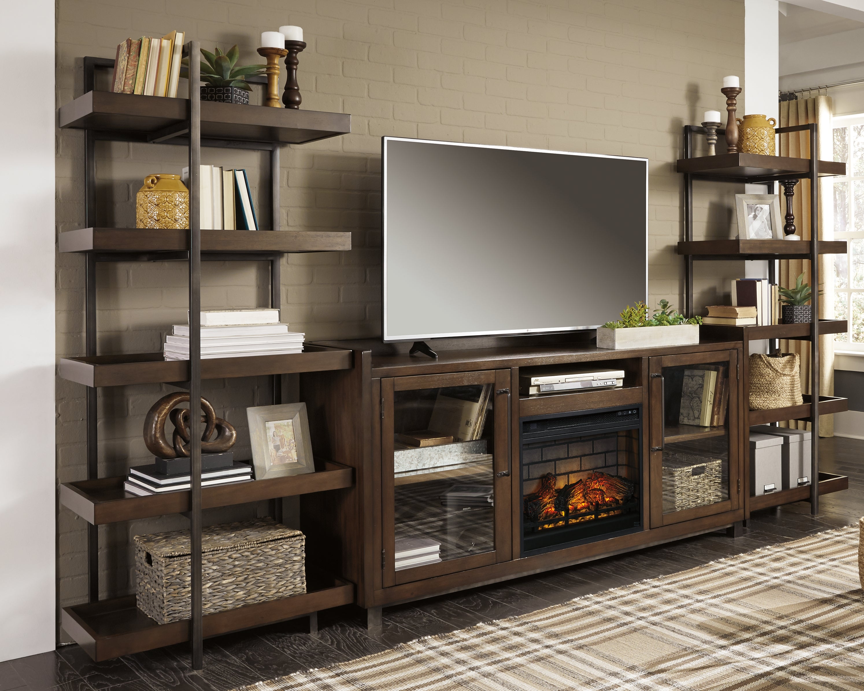 Coral Furniture - Ashley Furniture - Starmore 3-Piece Wall Unit with Electric Fireplace - 3-Piece Wall Unit with Electric Fireplace / Brown/Gunmetal - W633W6