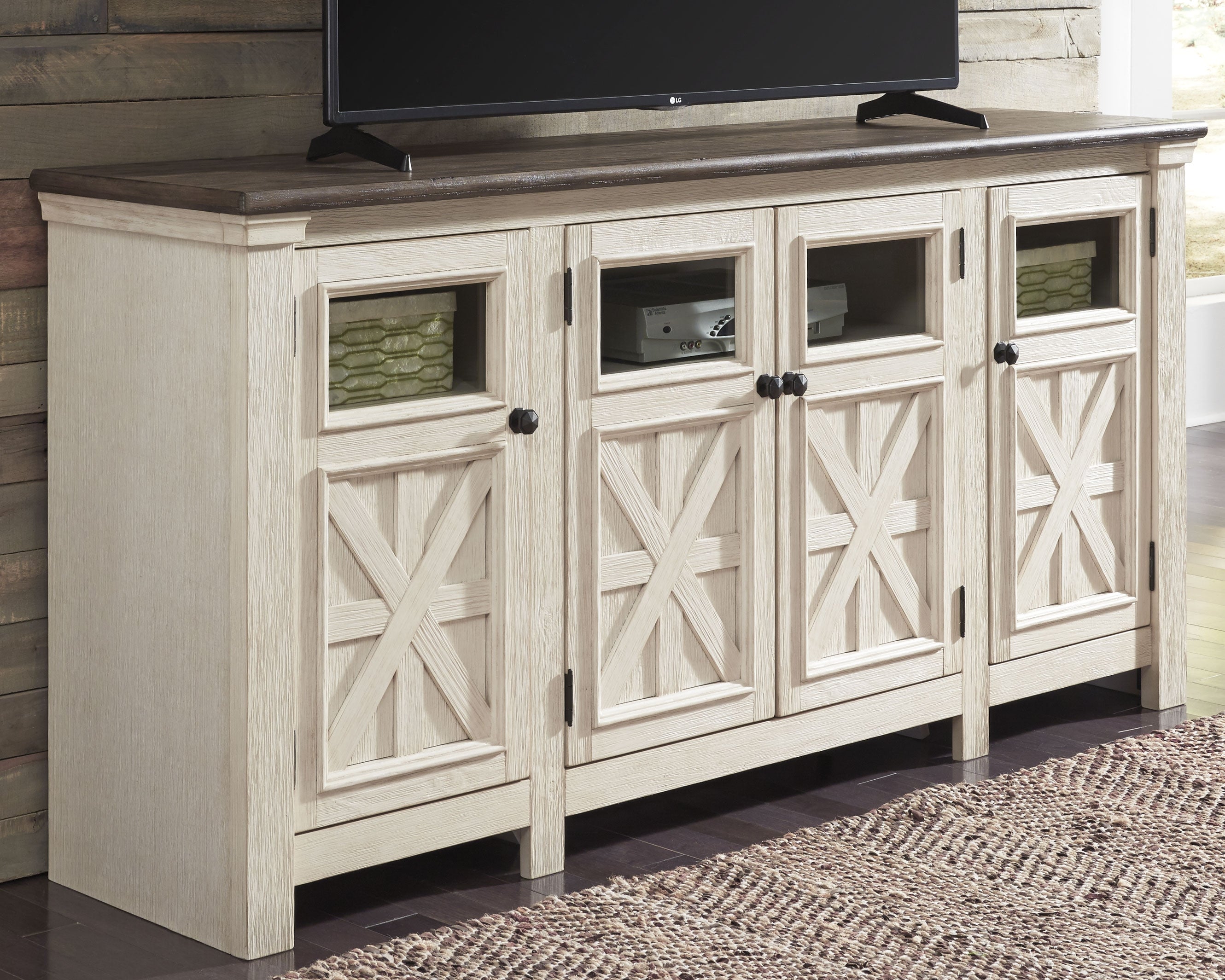 Coral Furniture - Ashley Furniture - Bolanburg 74" TV Stand - 74" / White/Weathered Gray - W647-60