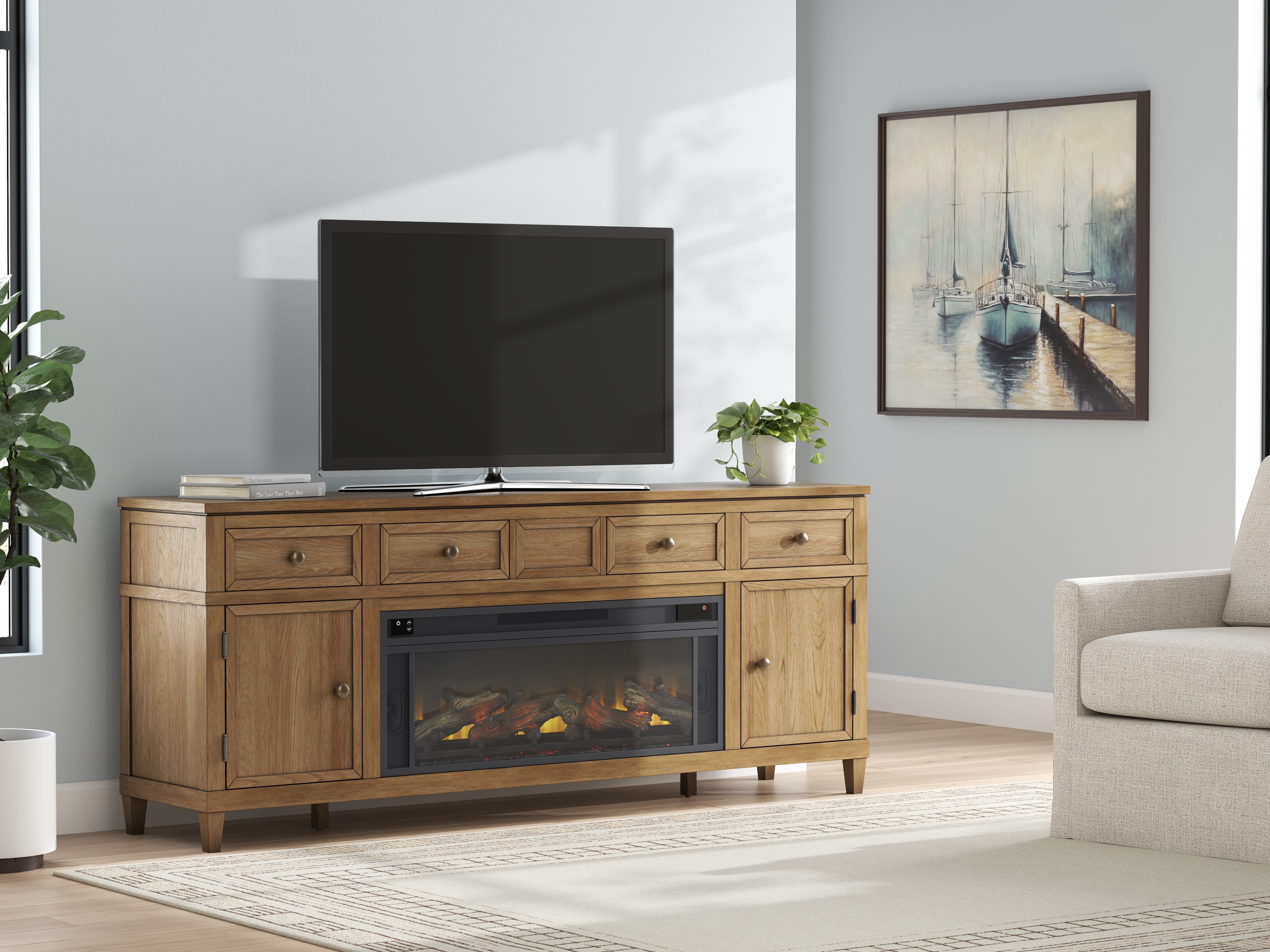 Coral Furniture - Ashley Furniture - Sharlance 81" TV Stand with Electric Fireplace - 81" TV Stand with Electric Fireplace / Light Brown - W655W1