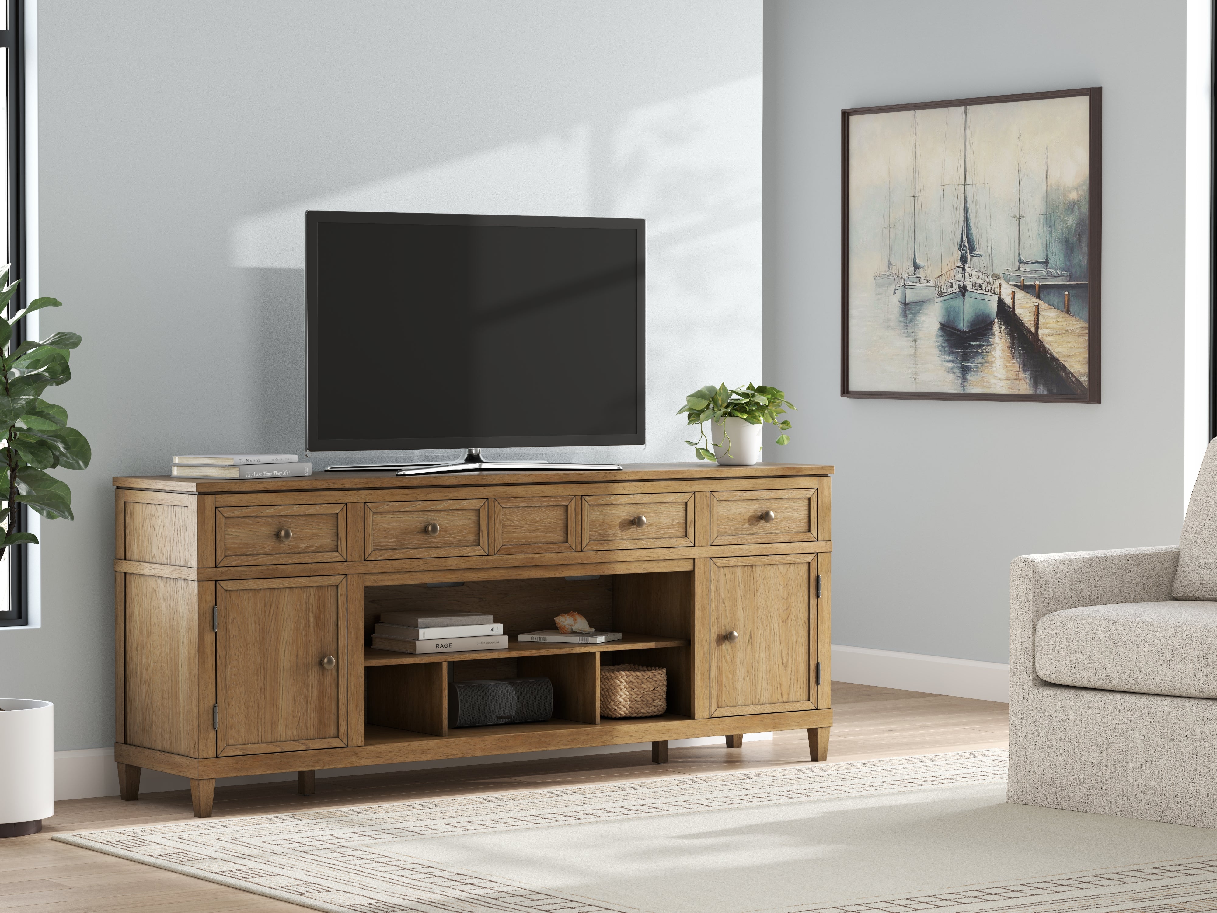 Coral Furniture - Ashley Furniture - Sharlance 81" TV Stand - 81" / Light Brown - W655-68