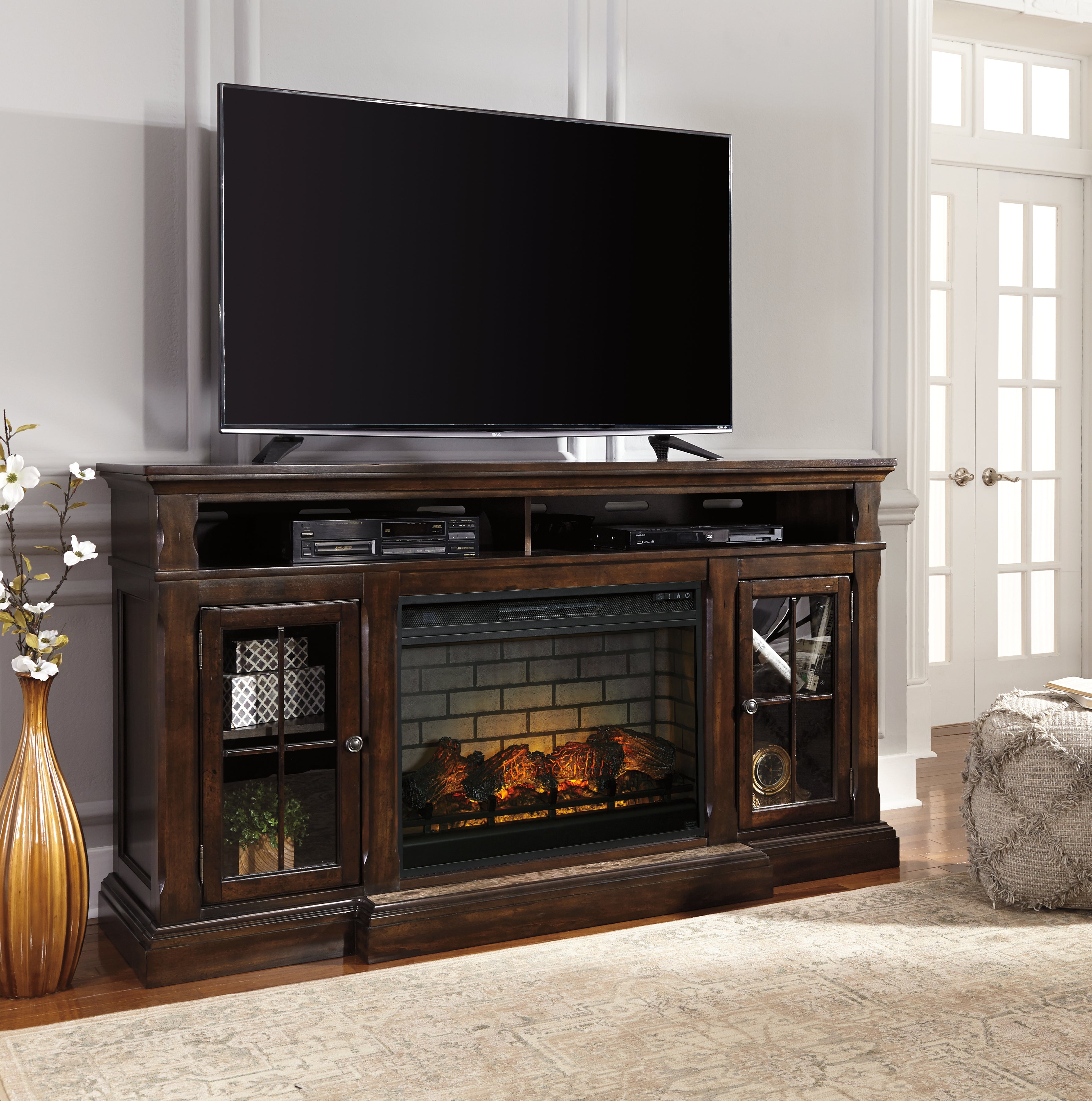 Coral Furniture - Ashley Furniture - Roddinton 72" TV Stand with Electric Fireplace - 72" TV Stand with Electric Fireplace / Dark Brown - W701W8