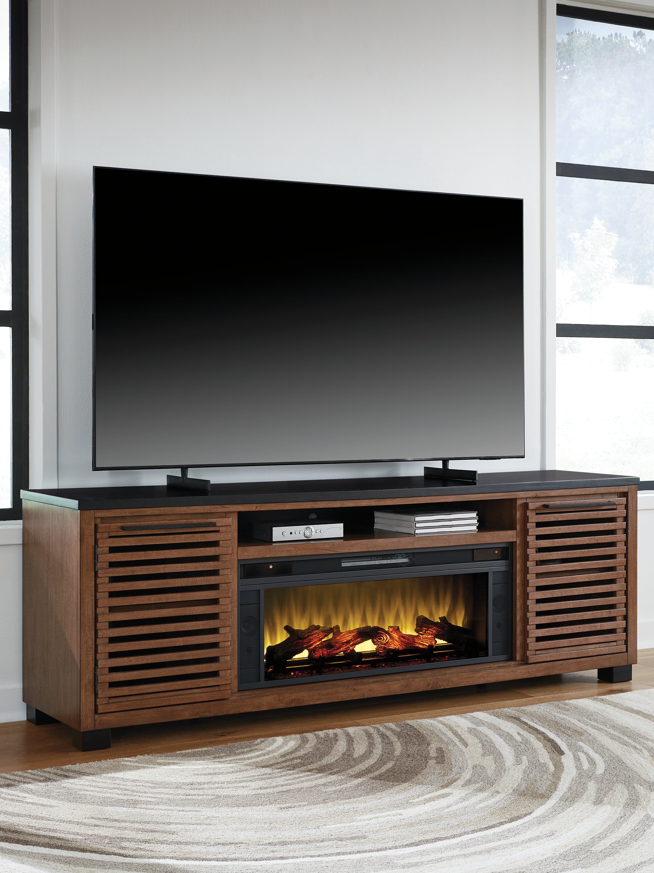 Coral Furniture - Ashley Furniture - Kallari 84" TV Stand with Electric Fireplace - 84" TV Stand with Electric Fireplace / Warm Brown/Black - W737W1