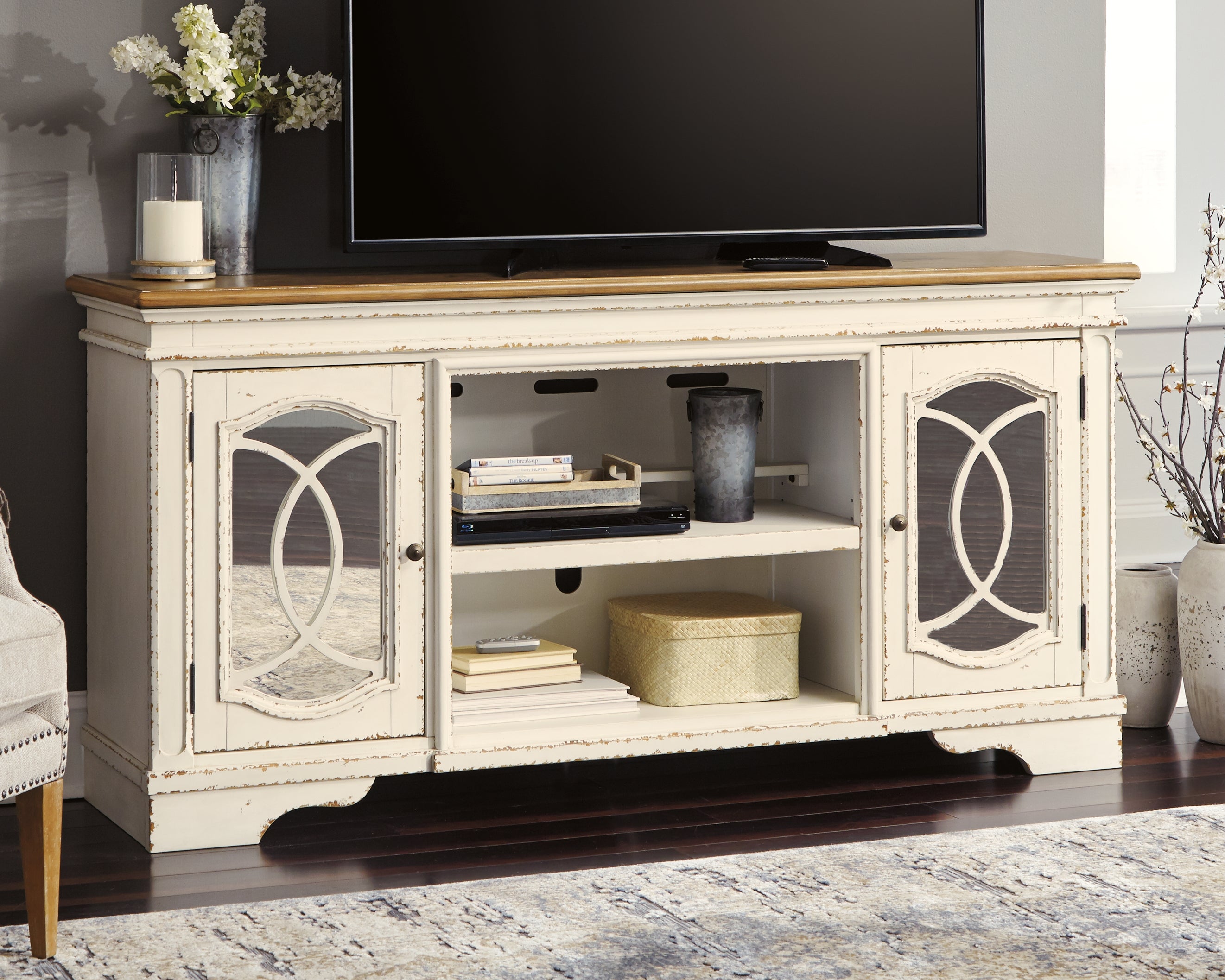 Coral Furniture - Ashley Furniture - Realyn 74" TV Stand - 74" / Chipped White - W743-68