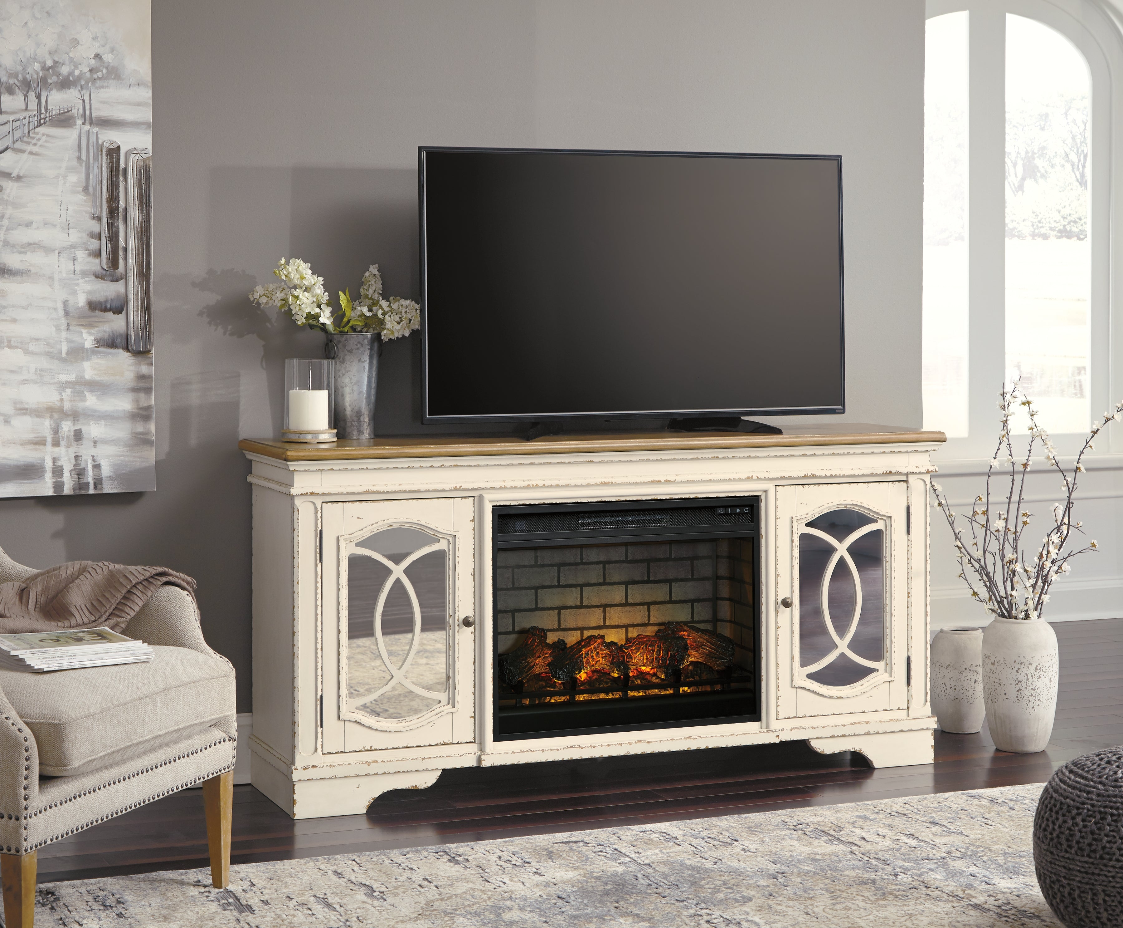 Coral Furniture - Ashley Furniture - Realyn 74" TV Stand with Electric Fireplace - 74" TV Stand with Electric Fireplace / Chipped White - W743W2