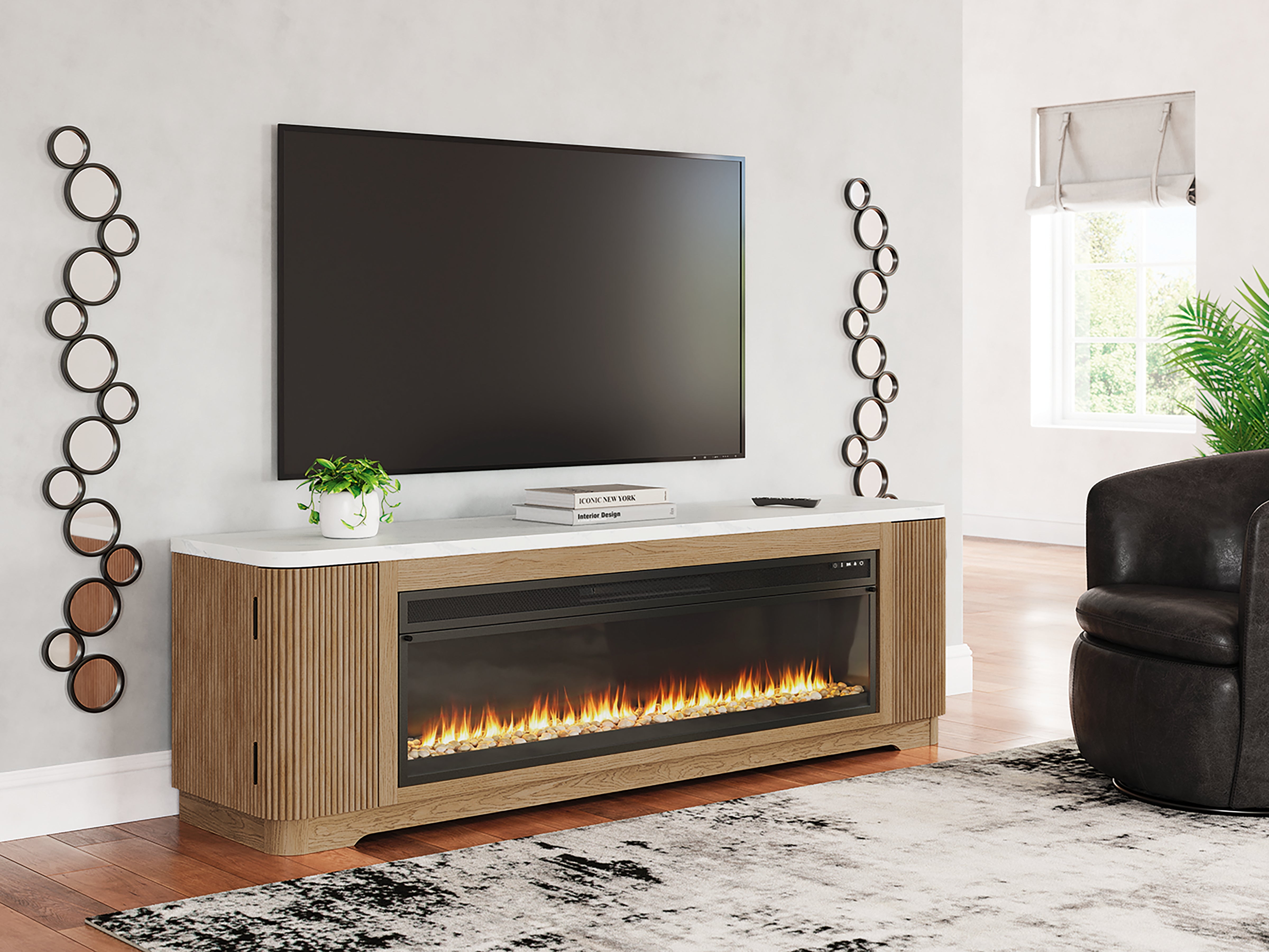Coral Furniture - Ashley Furniture - Camdill 80" TV Stand with Electric Fireplace - 80" TV Stand with Electric Fireplace / Light Brown - W808W1