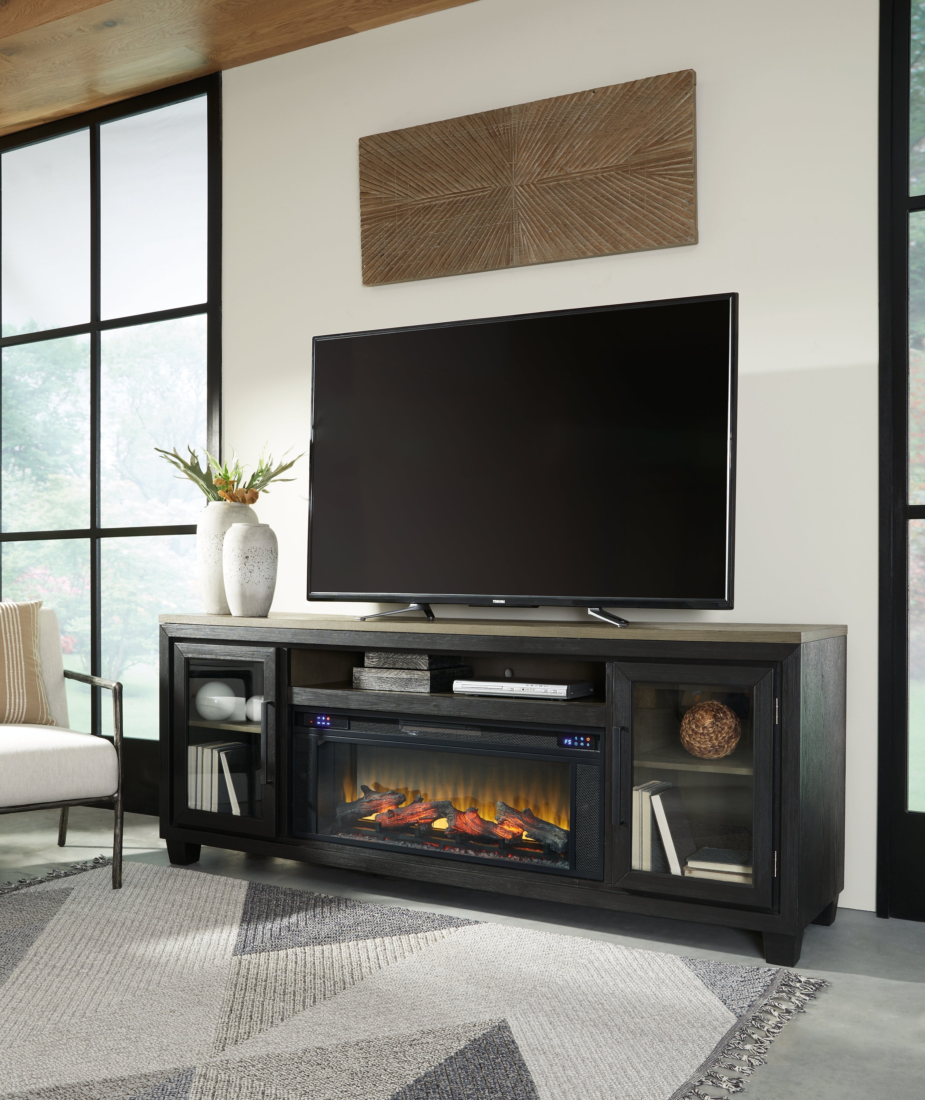 Coral Furniture - Ashley Furniture - Foyland 83" TV Stand with Electric Fireplace - 83" TV Stand with Electric Fireplace / Black/Brown - W989W1
