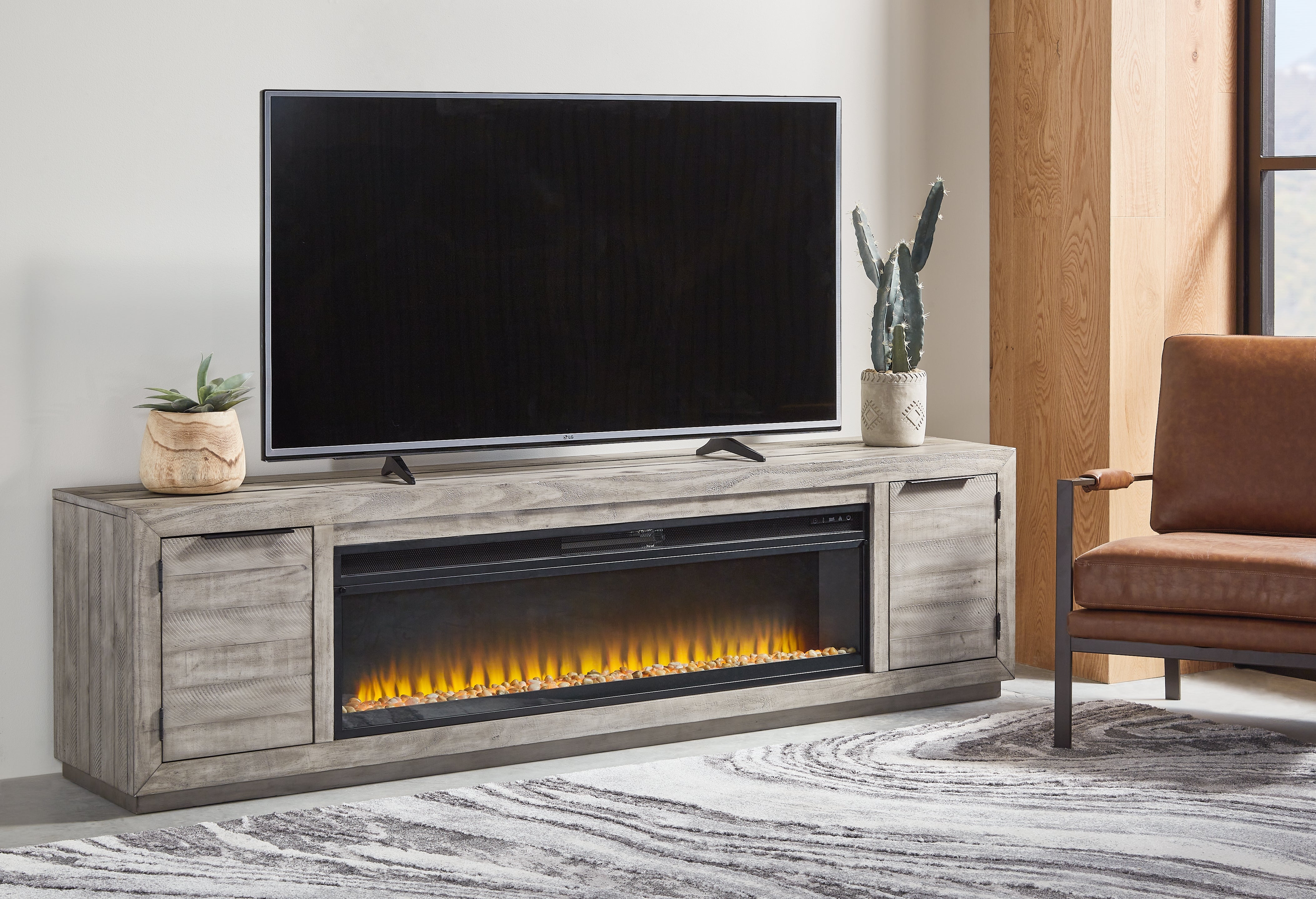Coral Furniture - Ashley Furniture - Naydell 92" TV Stand with Electric Fireplace - 92" TV Stand with Electric Fireplace / Gray - W996W1