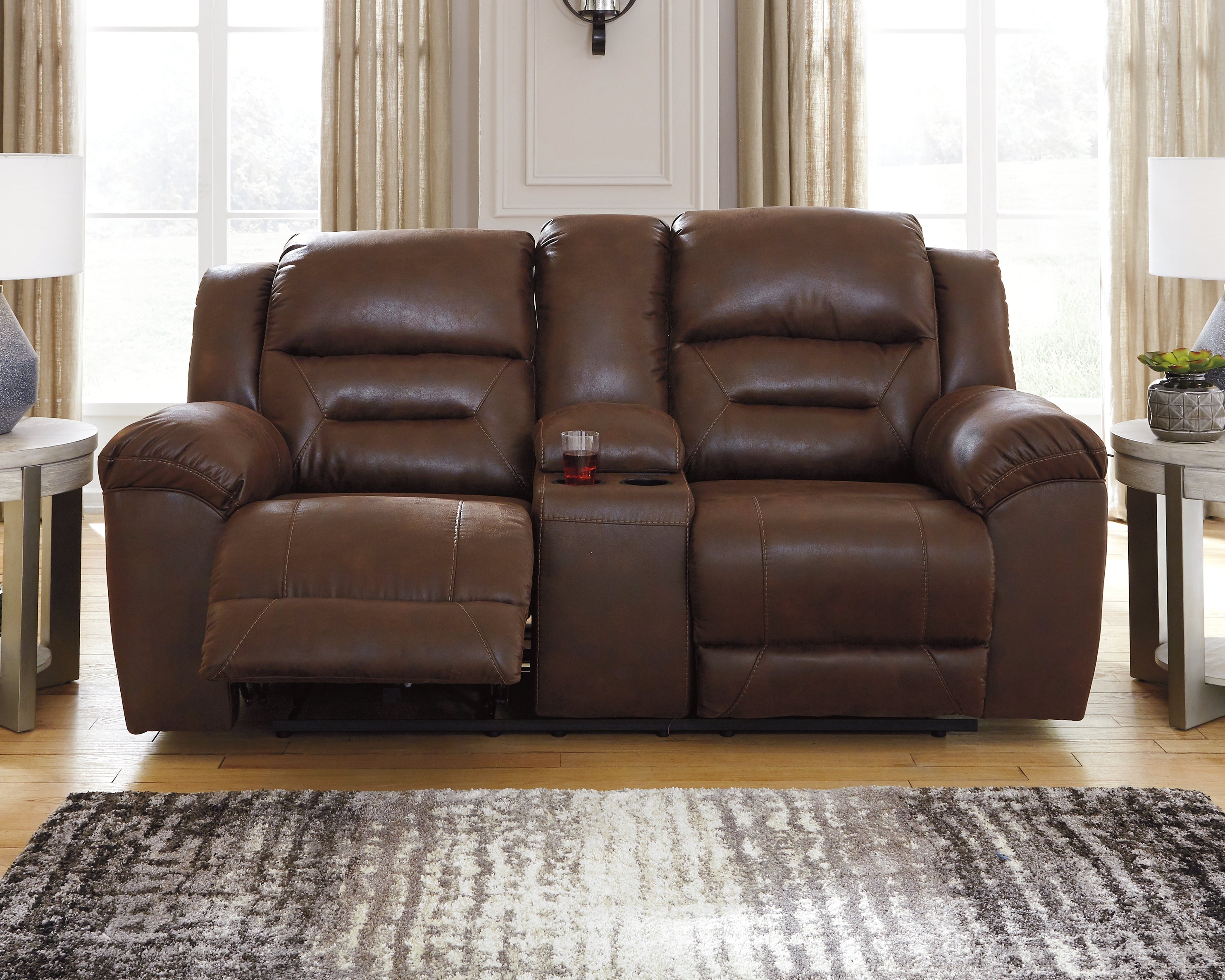 Coral Furniture - Ashley Furniture - Stoneland Living Room - DBL Rec Loveseat w/Console / Chocolate - 3990494