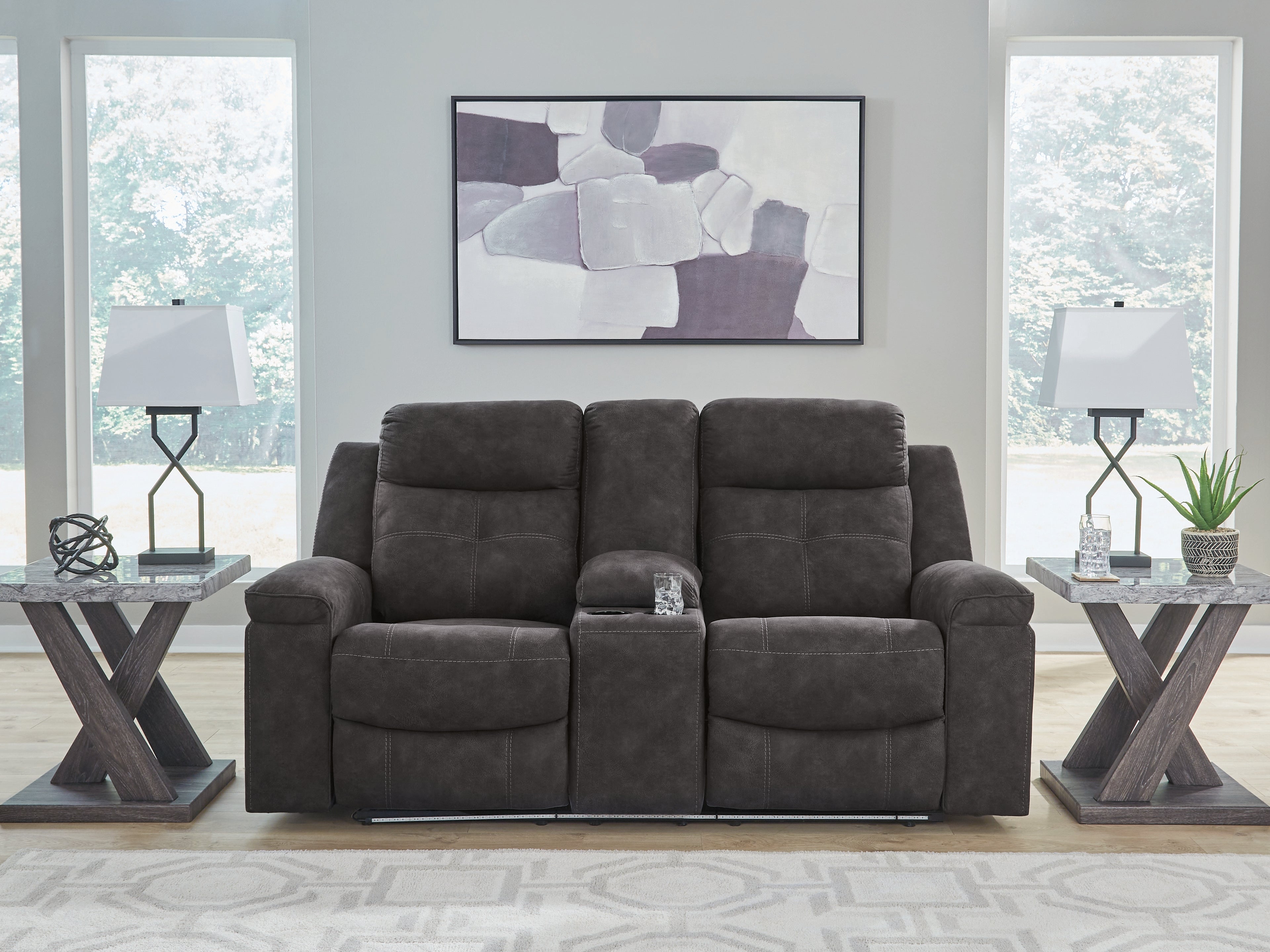 Coral Furniture - Ashley Furniture - Brysonview Living Room - DBL Rec Loveseat w/Console / Charcoal - 6360594