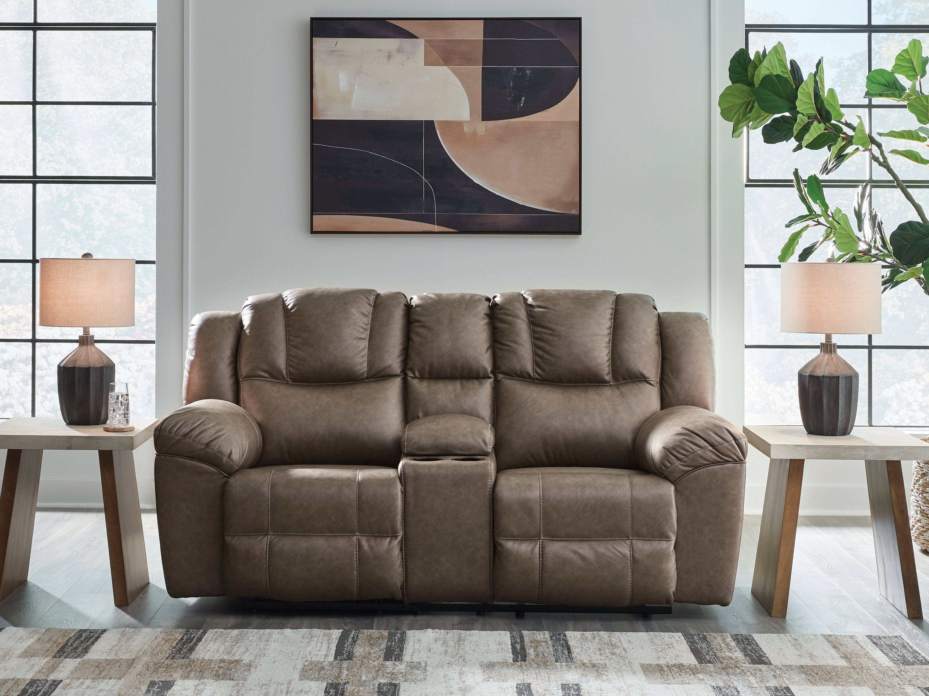Coral Furniture - Ashley Furniture - Lowilla Living Room - DBL Rec Loveseat w/Console / Driftwood - PC6450694