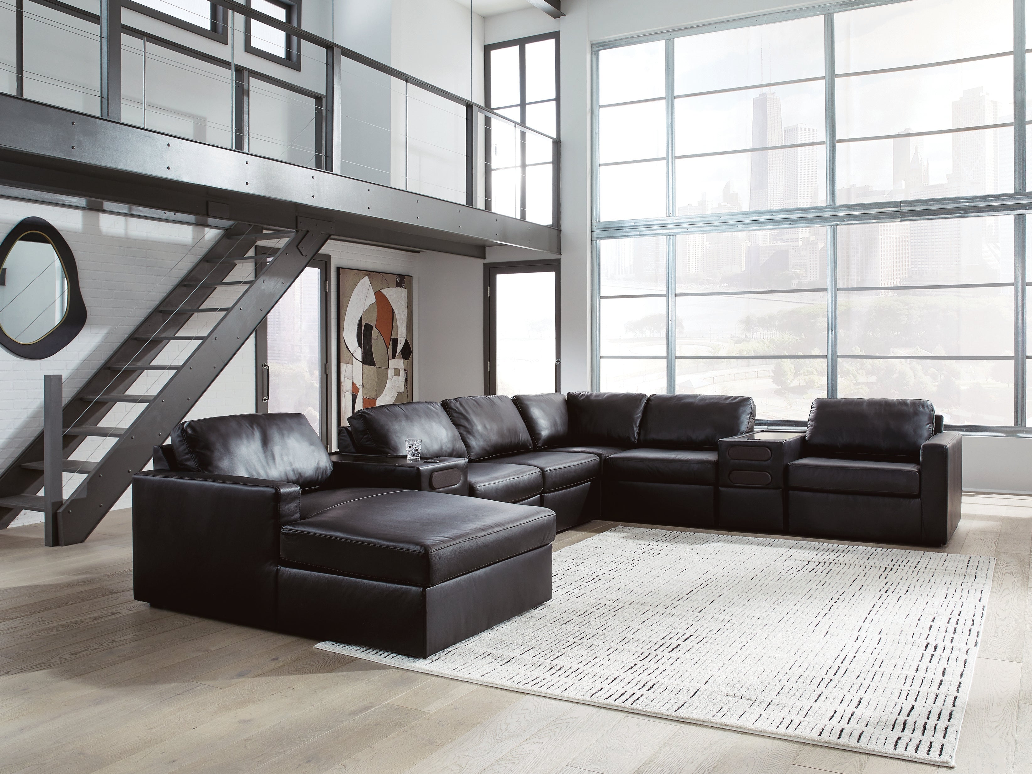 Coral Furniture - Ashley Furniture - ModMax II Sectional - RAF 8-Piece Sectional with Chaise and Audio Consoles / Black - 74305S47