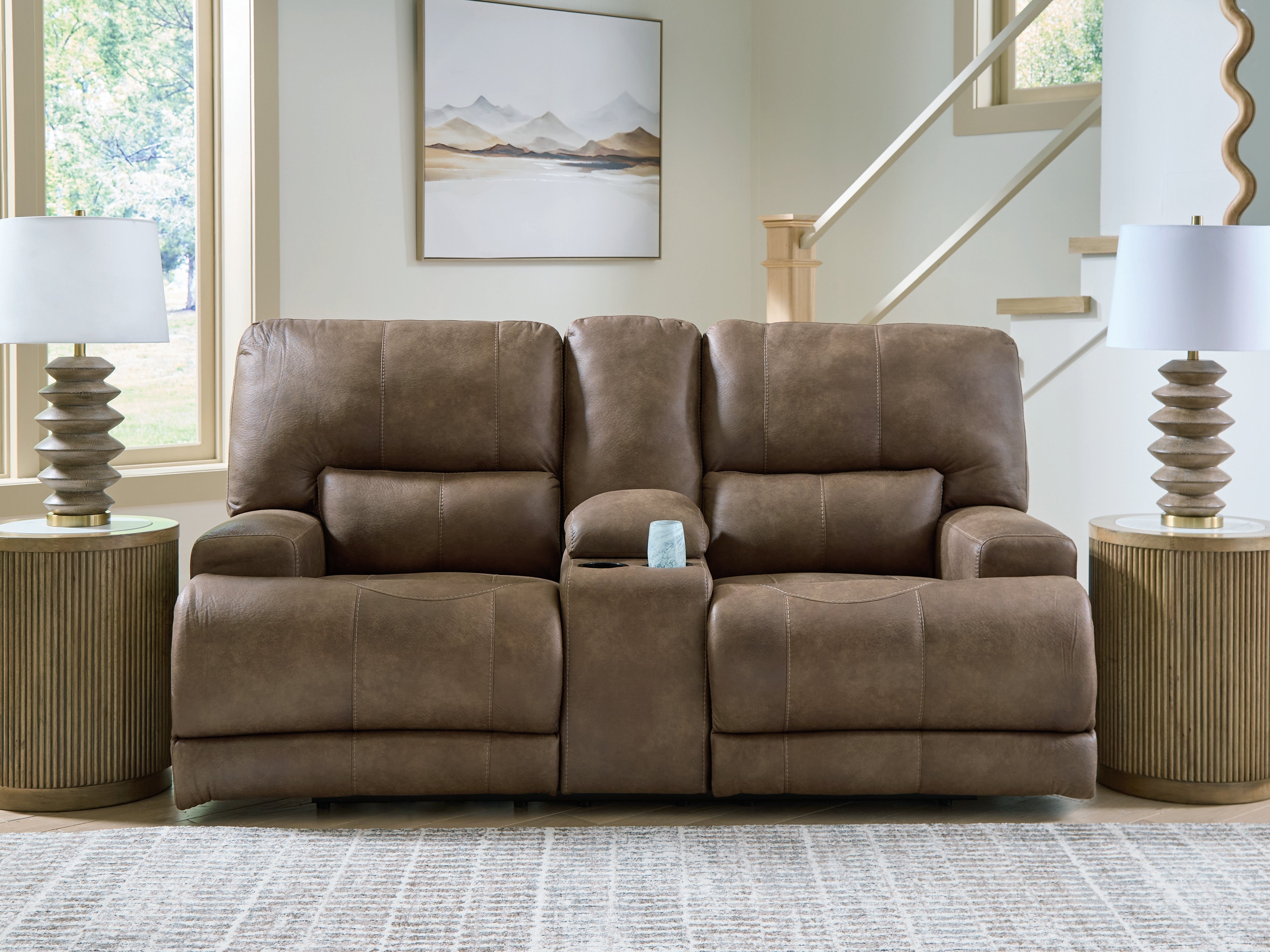 Coral Furniture - Ashley Furniture - Beckley Place Living Room - PWR REC Loveseat/CON/ADJ HDRST / Earth - PC9180218