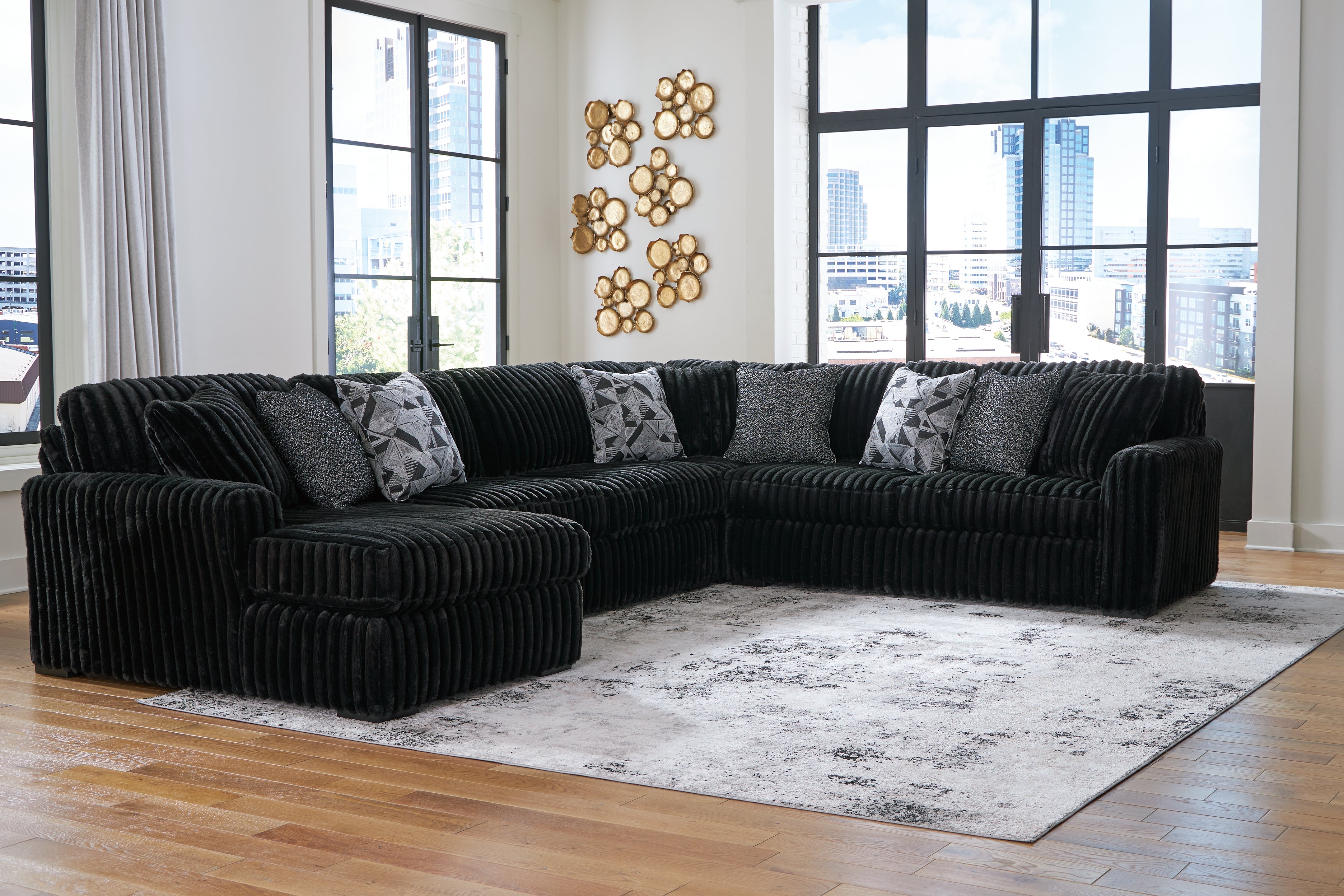 Coral Furniture - Ashley Furniture - Midnight-Madness Sectional - RAF 4-Piece Sectional with Chaise / Onyx - 98103S4