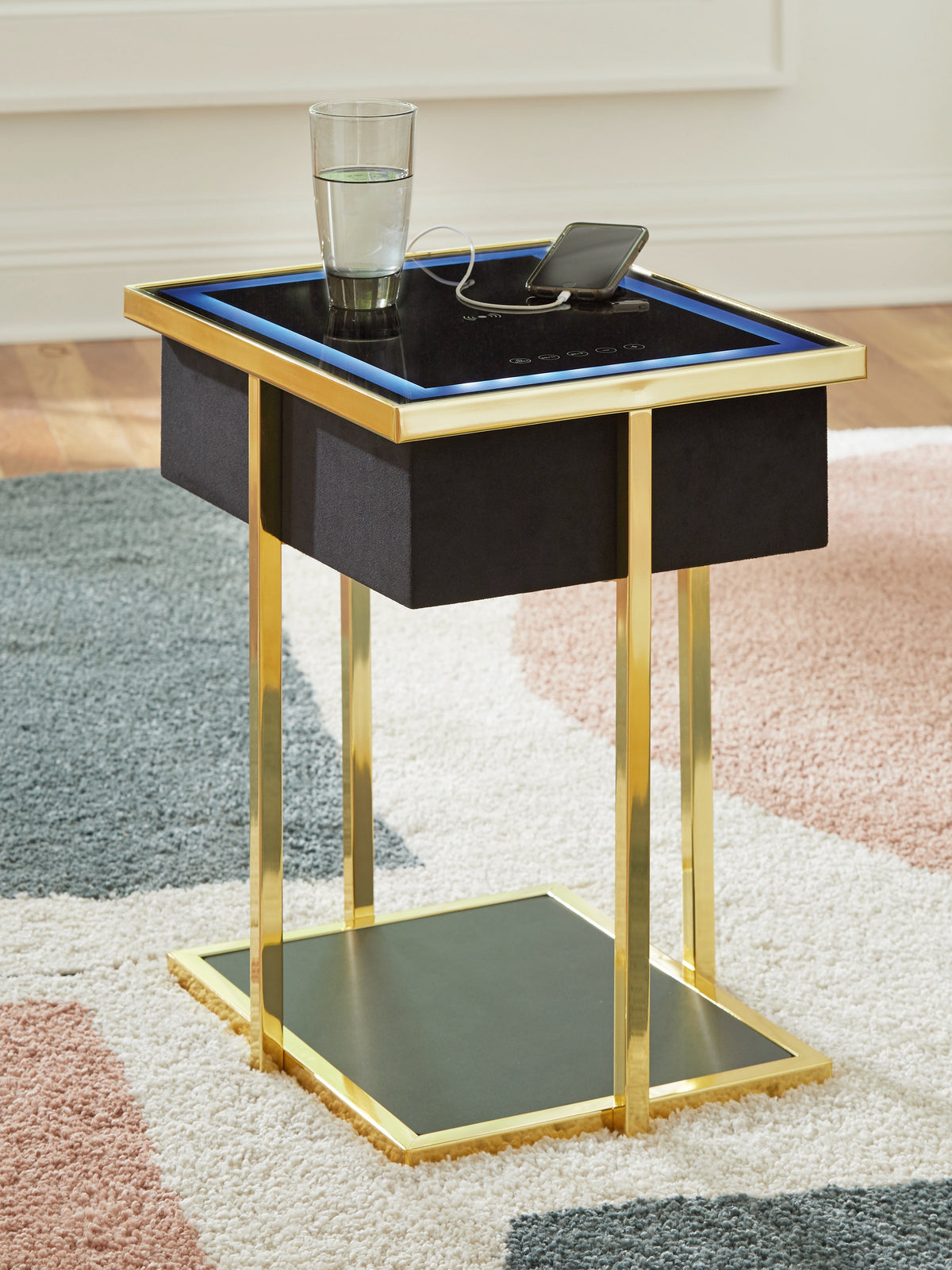Coral Furniture - Ashley Furniture - Rexwell Accent Table with Speaker - Accent Table with Speaker / Black/Gold Finish - A4000681