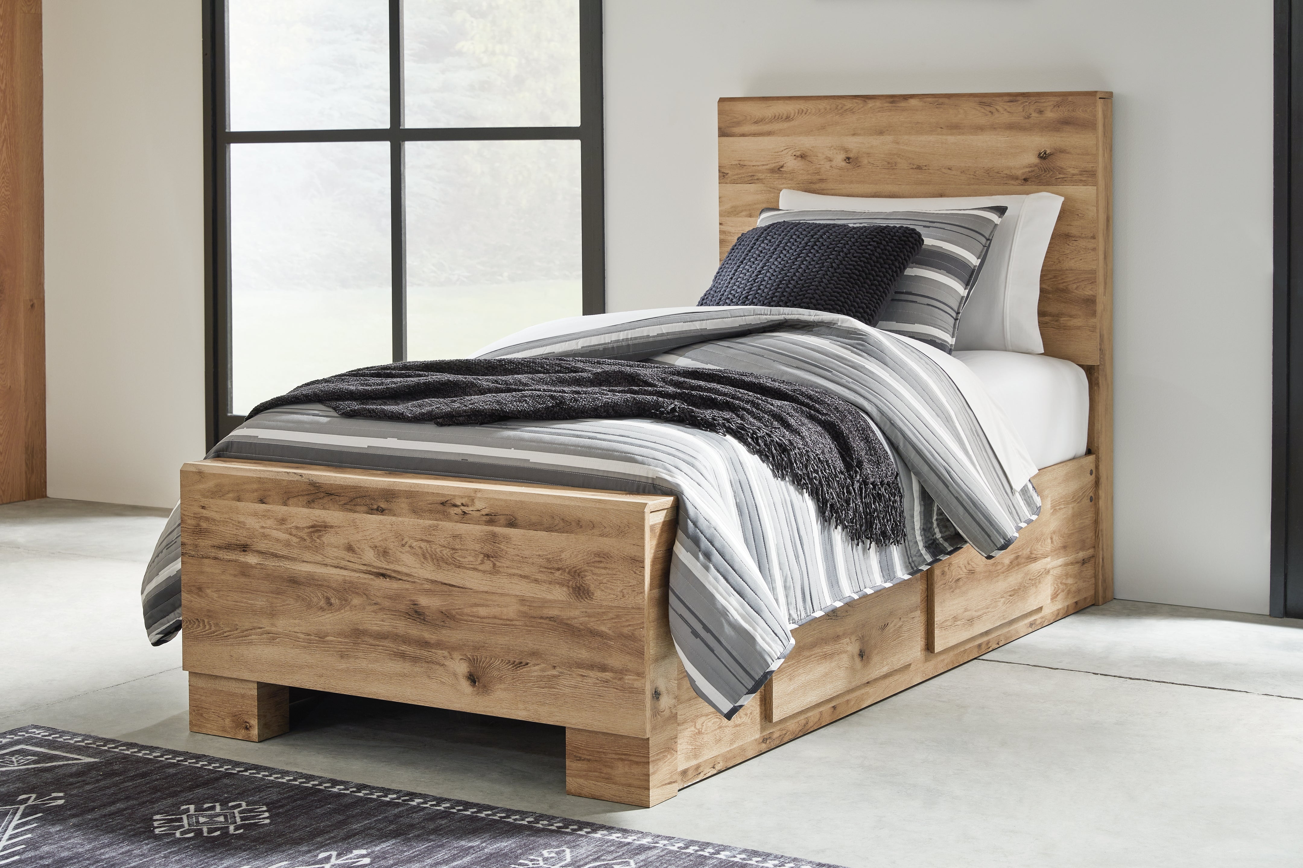 Coral Furniture - Ashley Furniture - Hyanna Bedroom - Twin Panel Bed with 1 Side Storage / Tan Brown - B1050B24