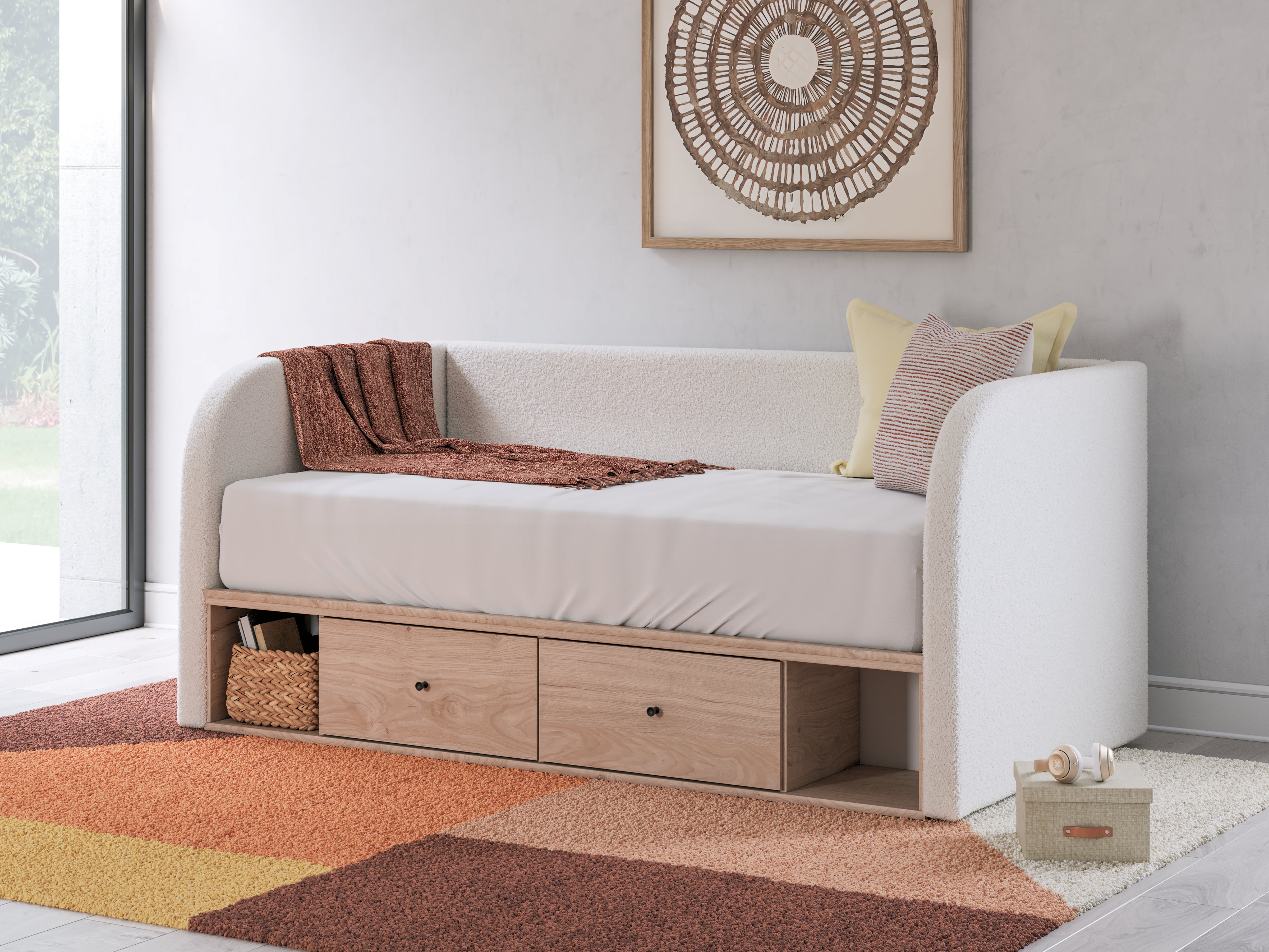 Coral Furniture - Ashley Furniture - Arloster Bedroom - Full Upholstered Day Bed with Storage / Tan/White - PCB1566B11