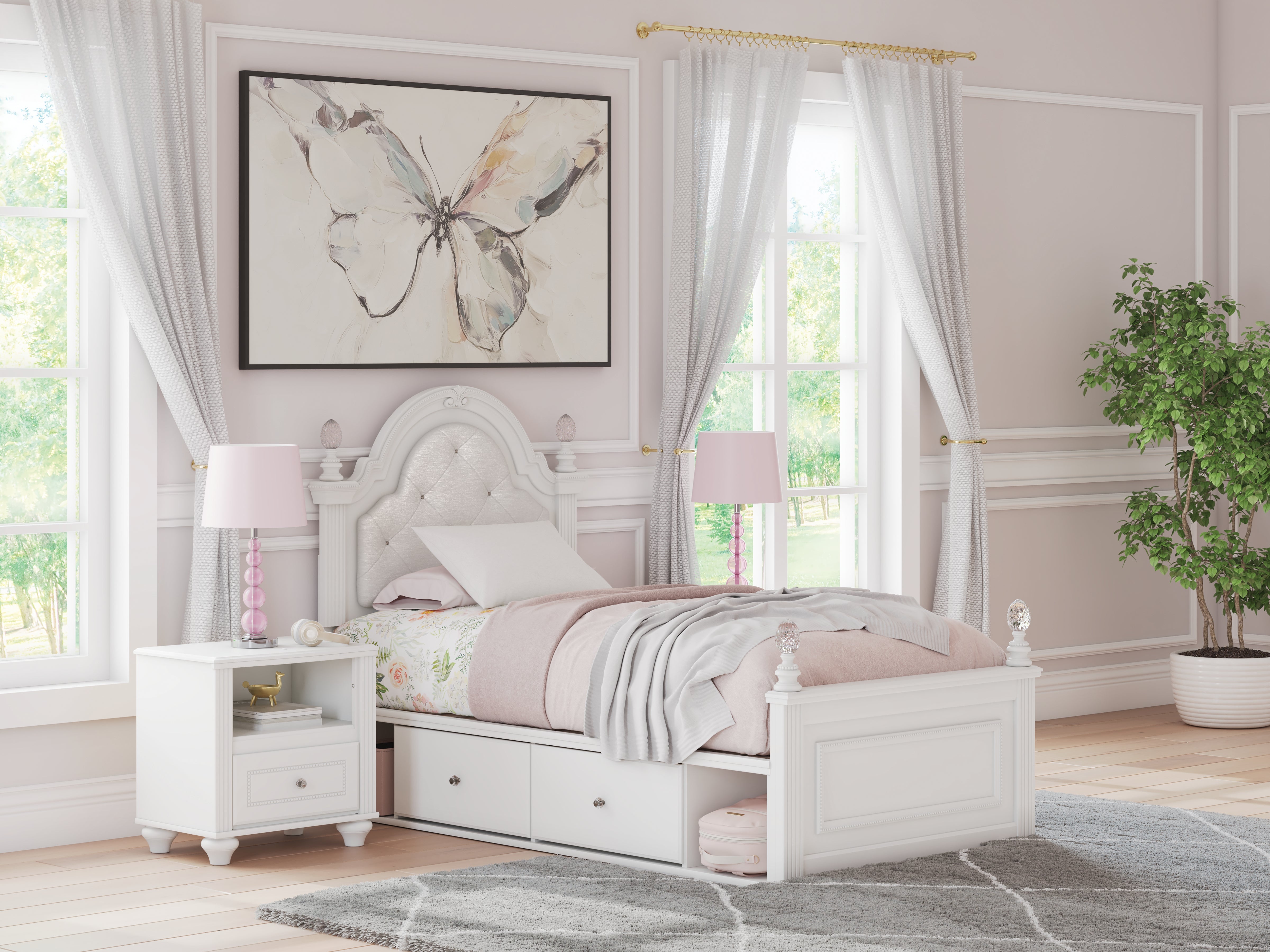 Coral Furniture - Ashley Furniture - Kozlani Bedroom - Twin Upholstered Panel Storage Bed / White - PCB1819B9