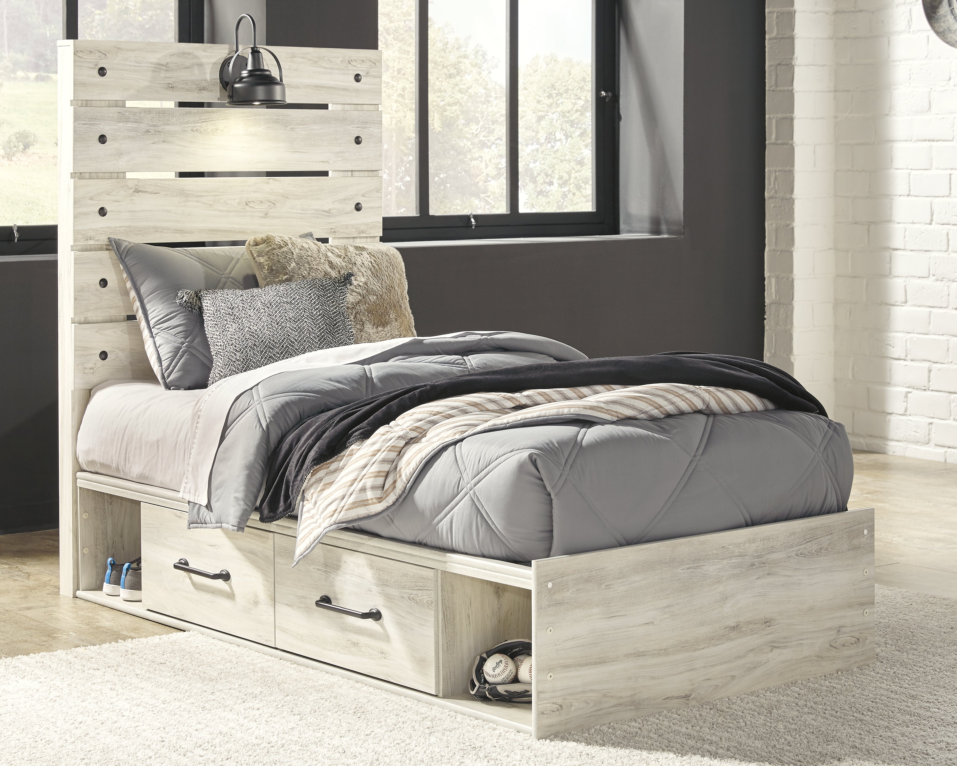 Coral Furniture - Ashley Furniture - Cambeck Bedroom - Twin Panel Bed with 4 Storage Drawers / Whitewash - B192B21
