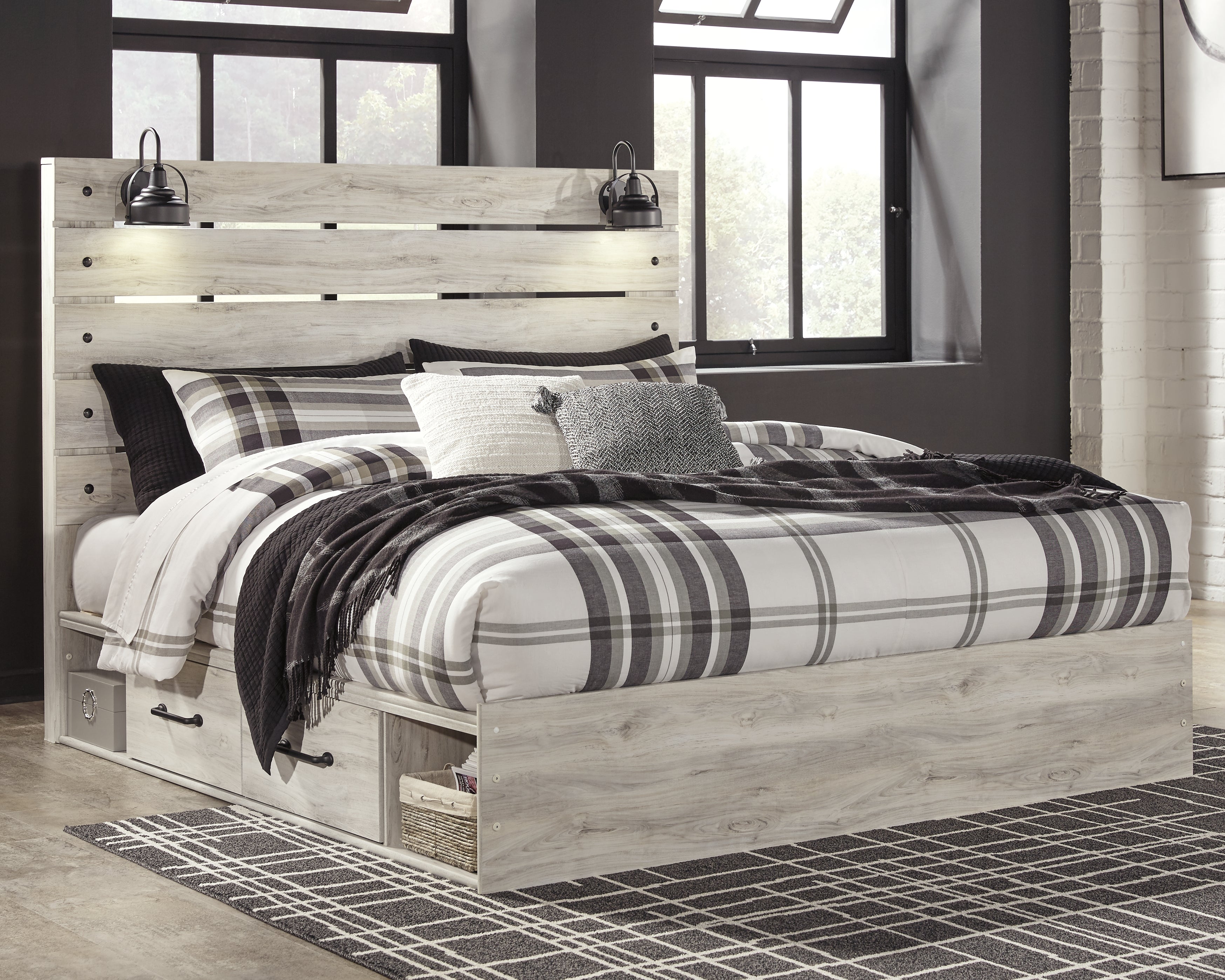 Coral Furniture - Ashley Furniture - Cambeck Bedroom - King Panel Bed with 2 Storage Drawers / Whitewash - B192B19