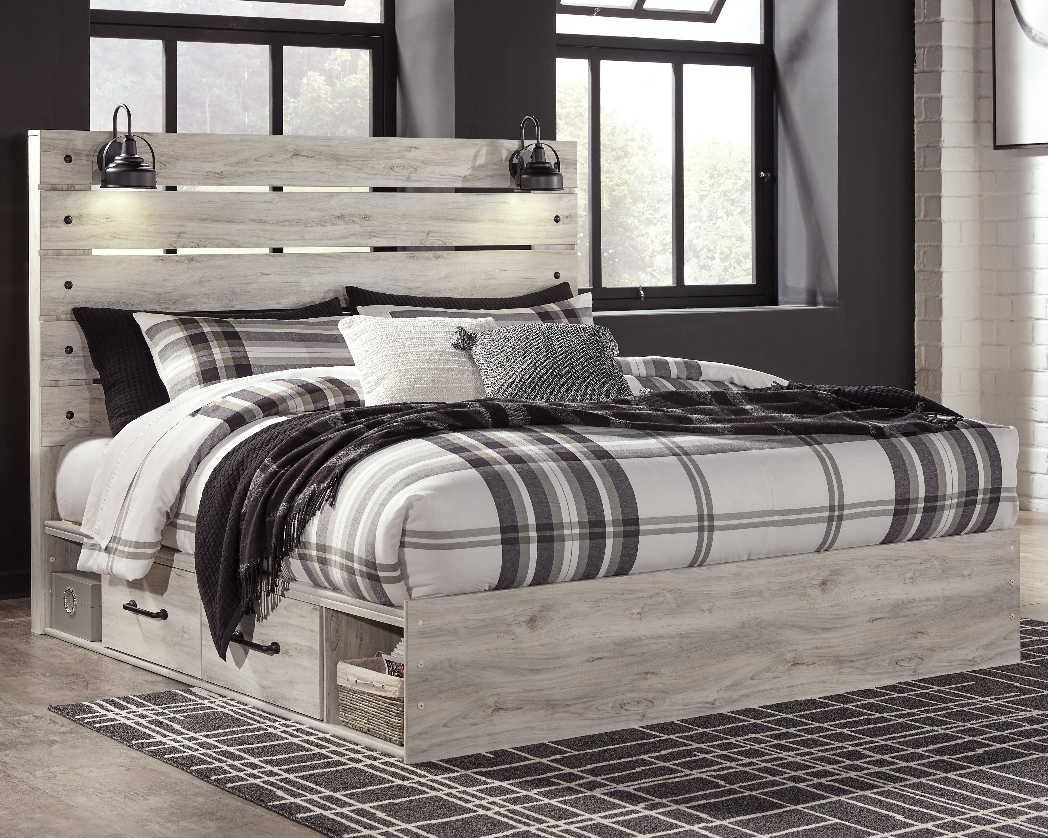 Coral Furniture - Ashley Furniture - Cambeck Bedroom - King Panel Bed with 4 Storage Drawers / Whitewash - B192B27