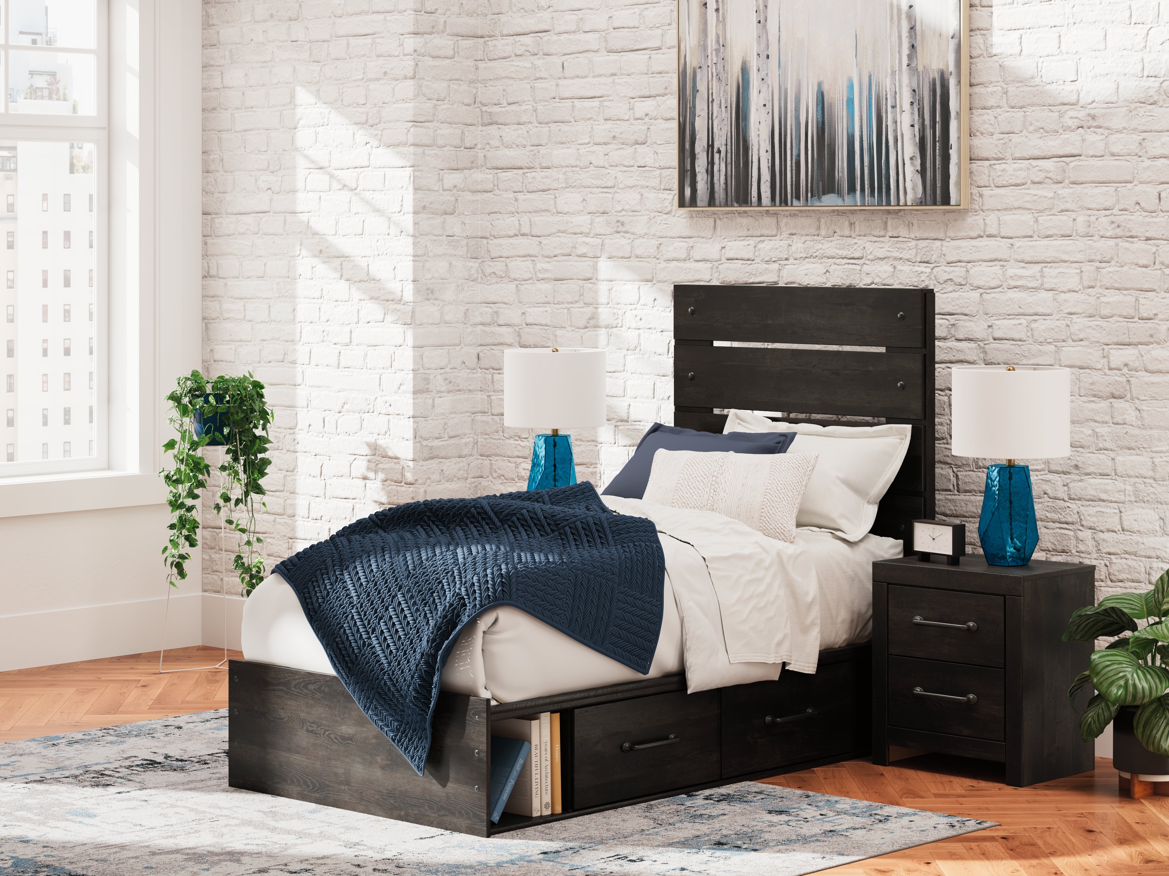 Coral Furniture - Ashley Furniture - Hollivern Bedroom - Twin Panel Bed with Storage / Dark Gray - PCB2108B18