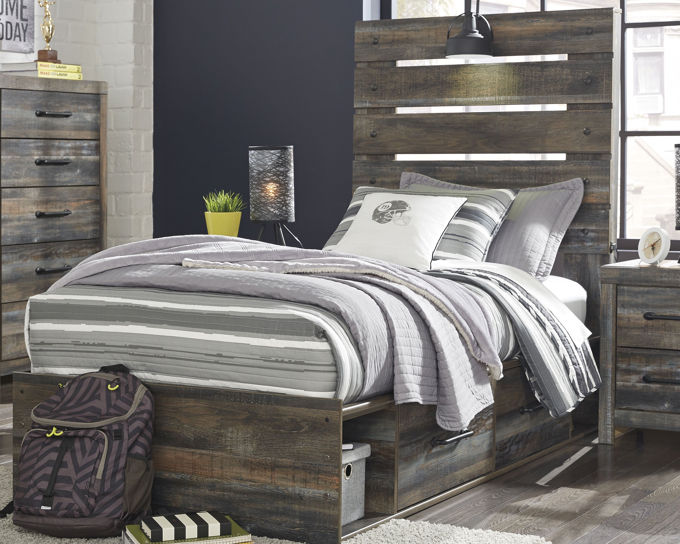 Coral Furniture - Ashley Furniture - Drystan Bedroom - Twin Panel Bed with 4 Storage Drawers / Multi - B211B11