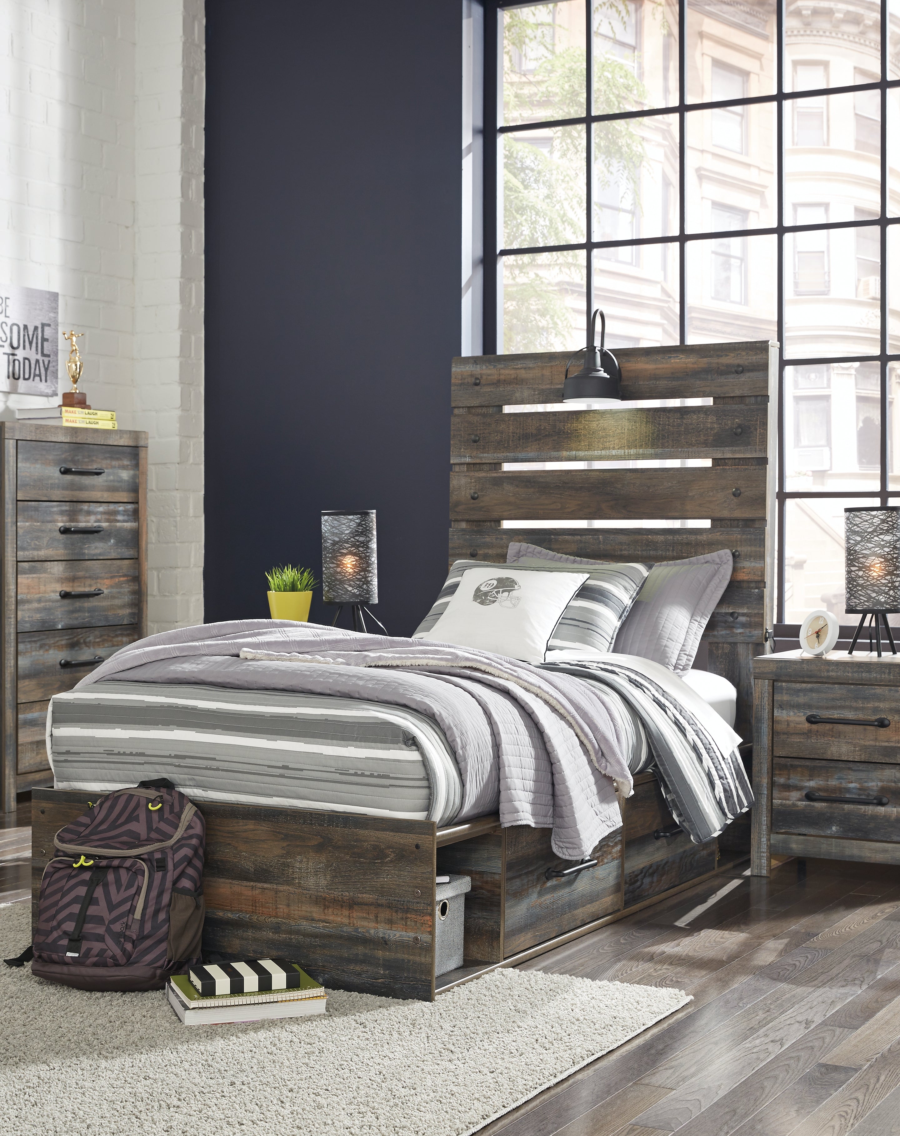 Coral Furniture - Ashley Furniture - Drystan Bedroom - Twin Panel Bed with 2 Storage Drawers / Multi - B211B8