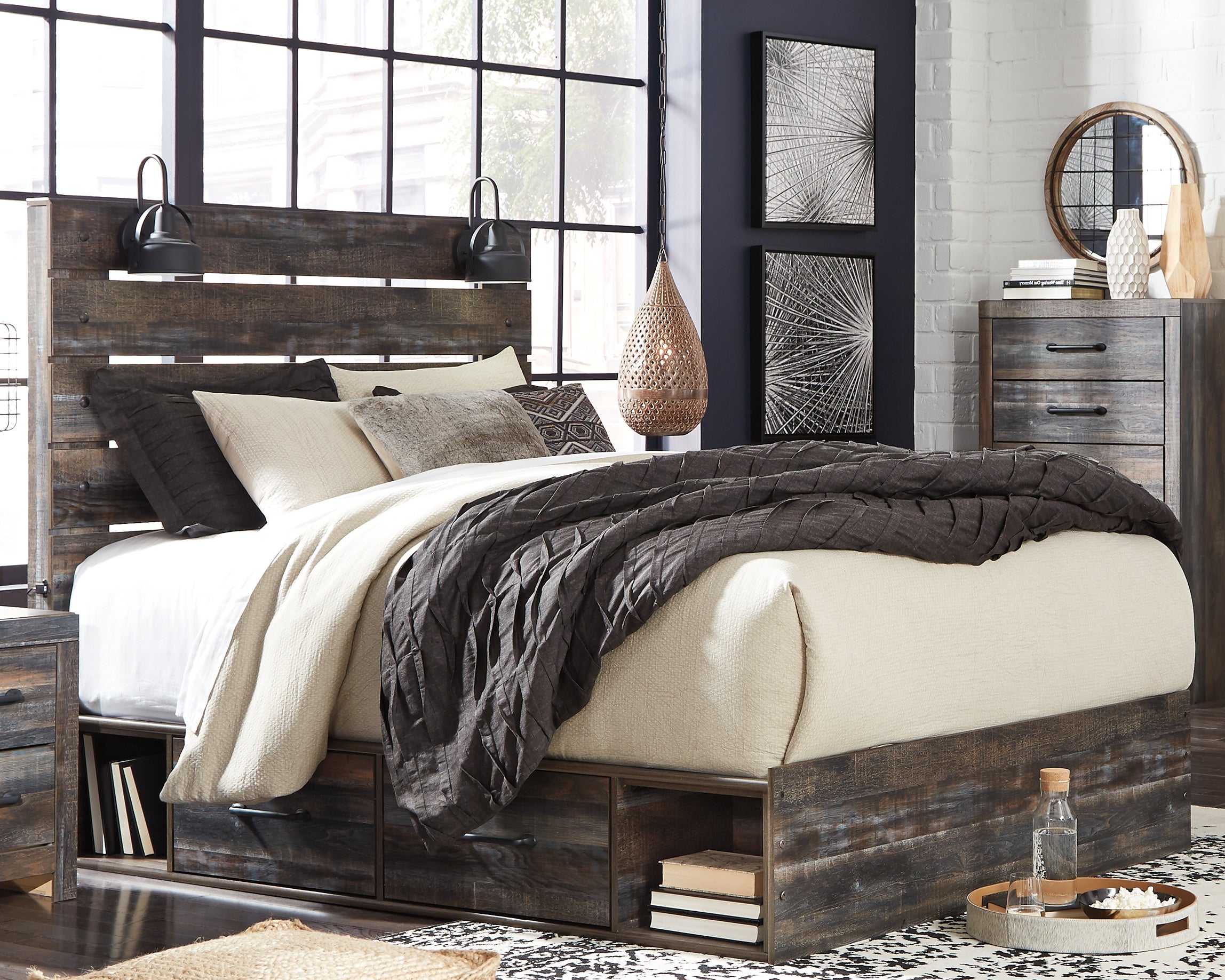 Coral Furniture - Ashley Furniture - Drystan Bedroom - Queen Panel Bed with 2 Storage Drawers / Multi - B211B10