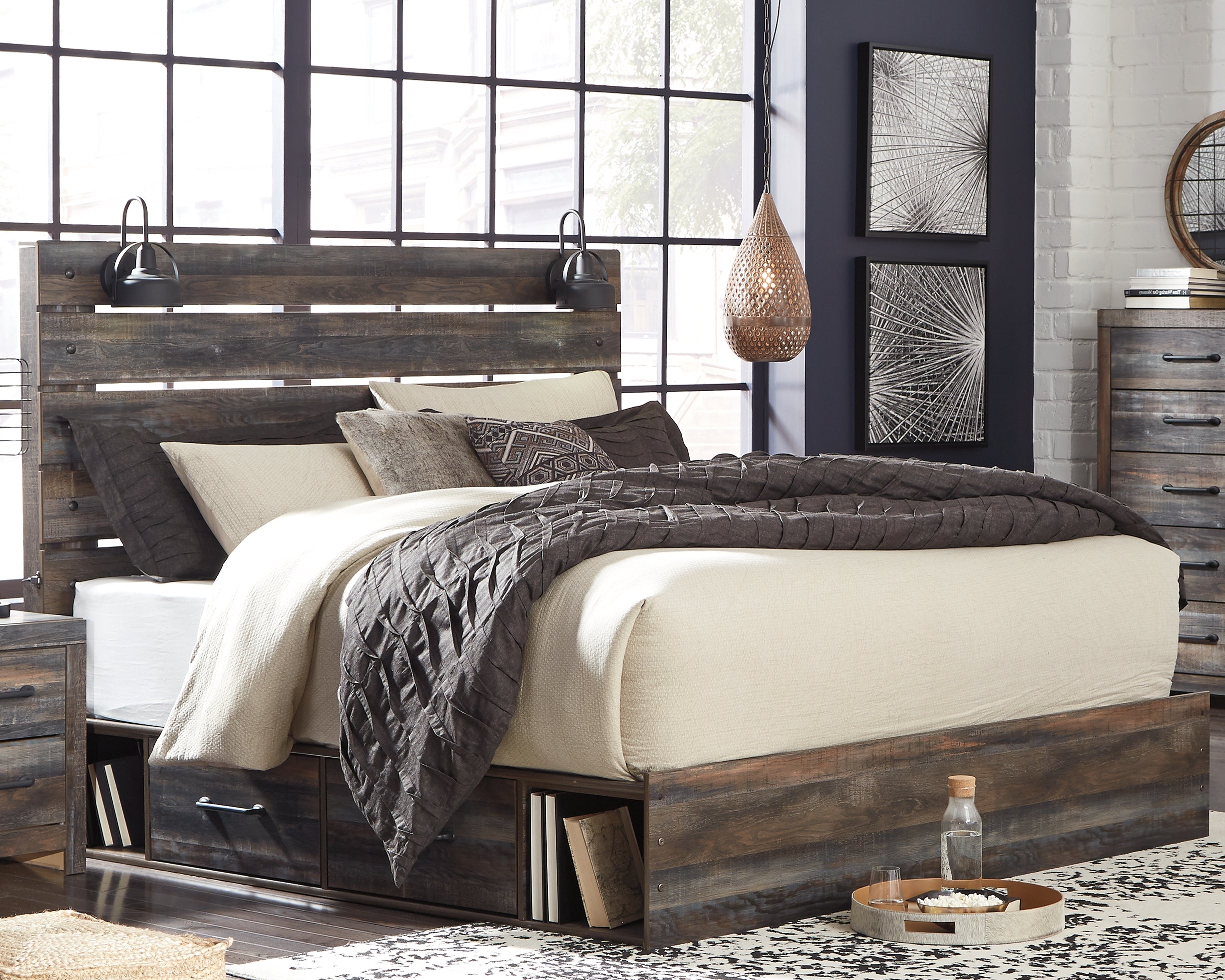 Coral Furniture - Ashley Furniture - Drystan Bedroom - King Panel Bed with 4 Storage Drawers / Multi - B211B54