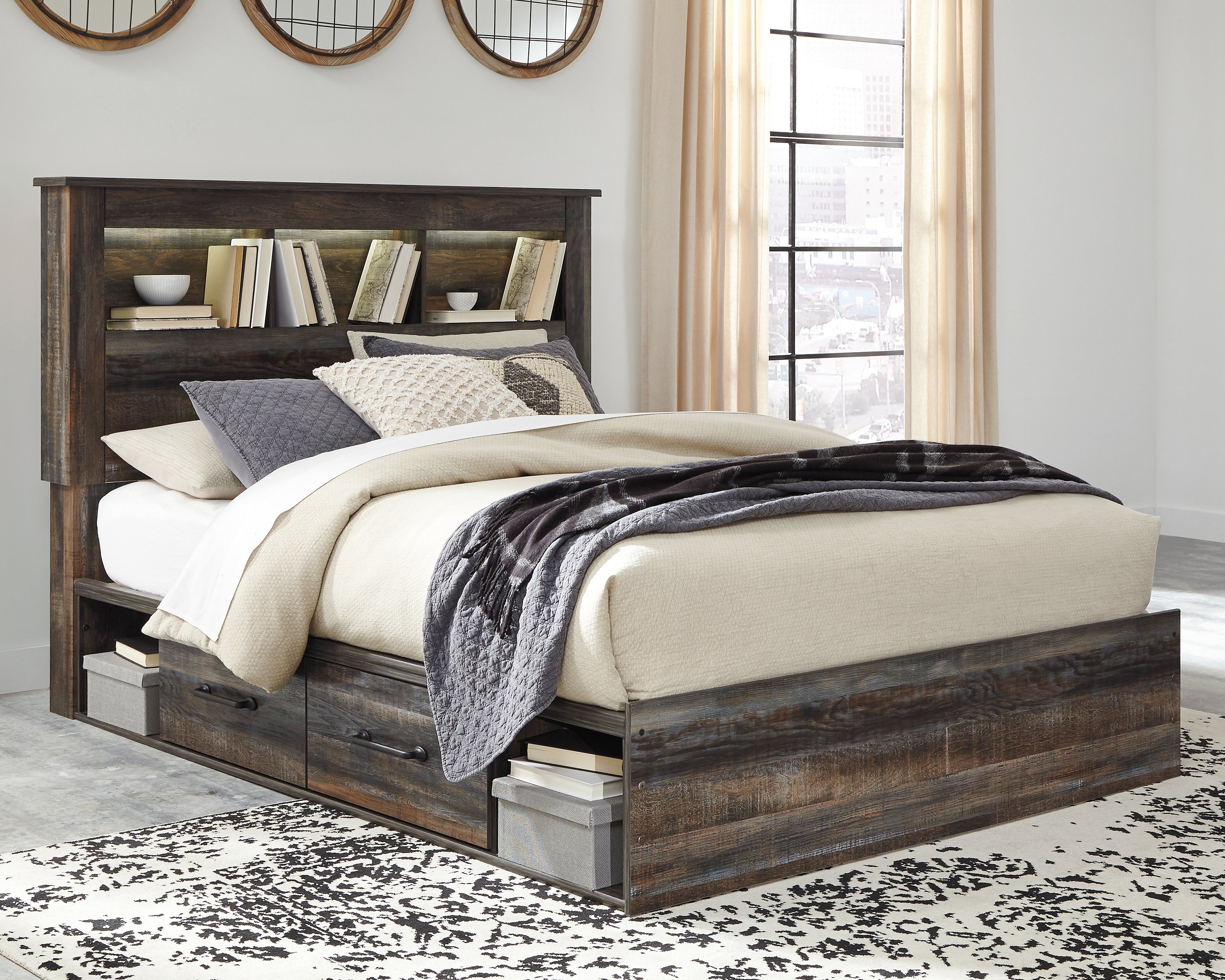 Coral Furniture - Ashley Furniture - Drystan Bedroom - Queen Bookcase Bed with 4 Storage Drawers / Multi - B211B18
