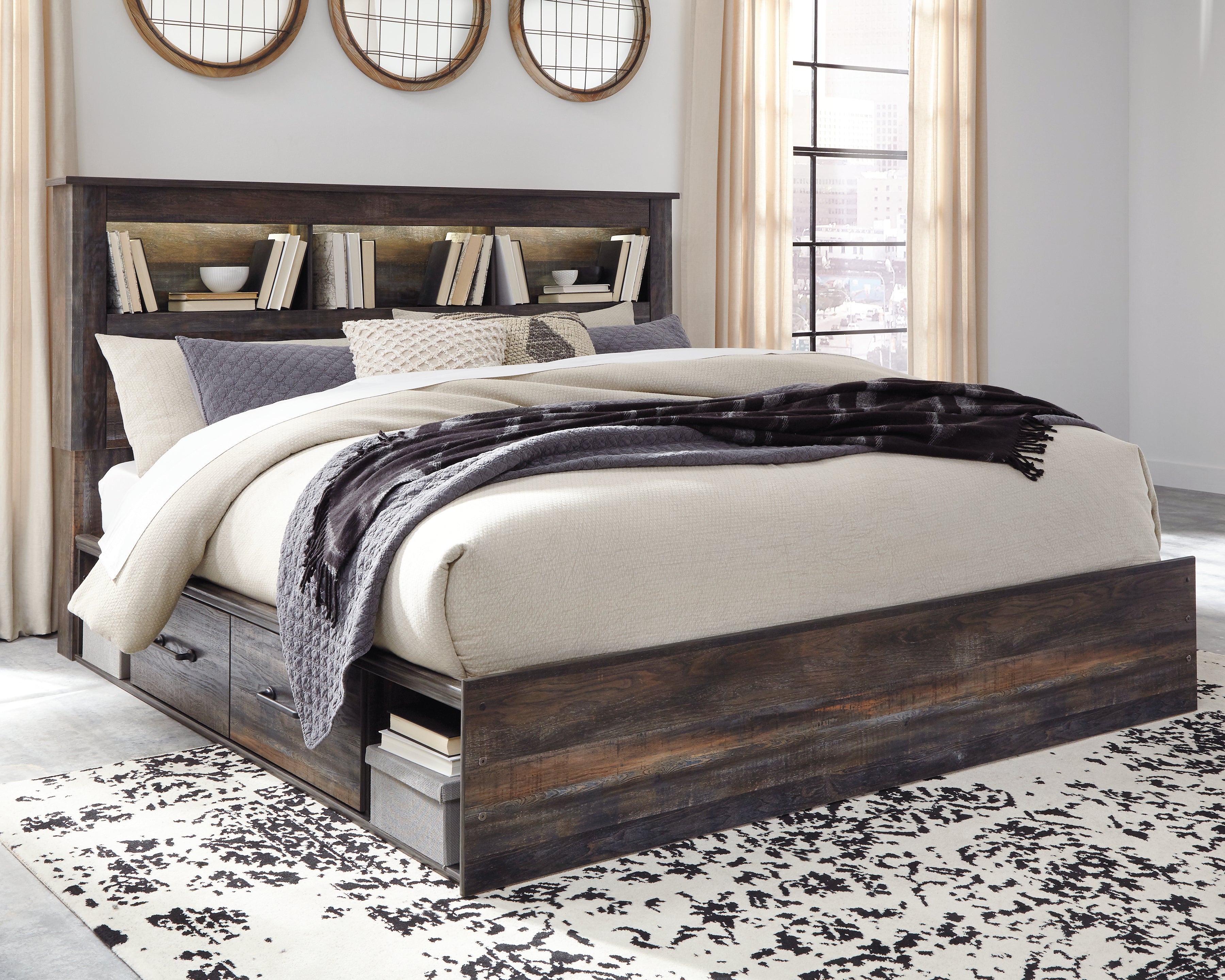Coral Furniture - Ashley Furniture - Drystan Bedroom - King Bookcase Bed with 4 Storage Drawers / Multi - B211B52