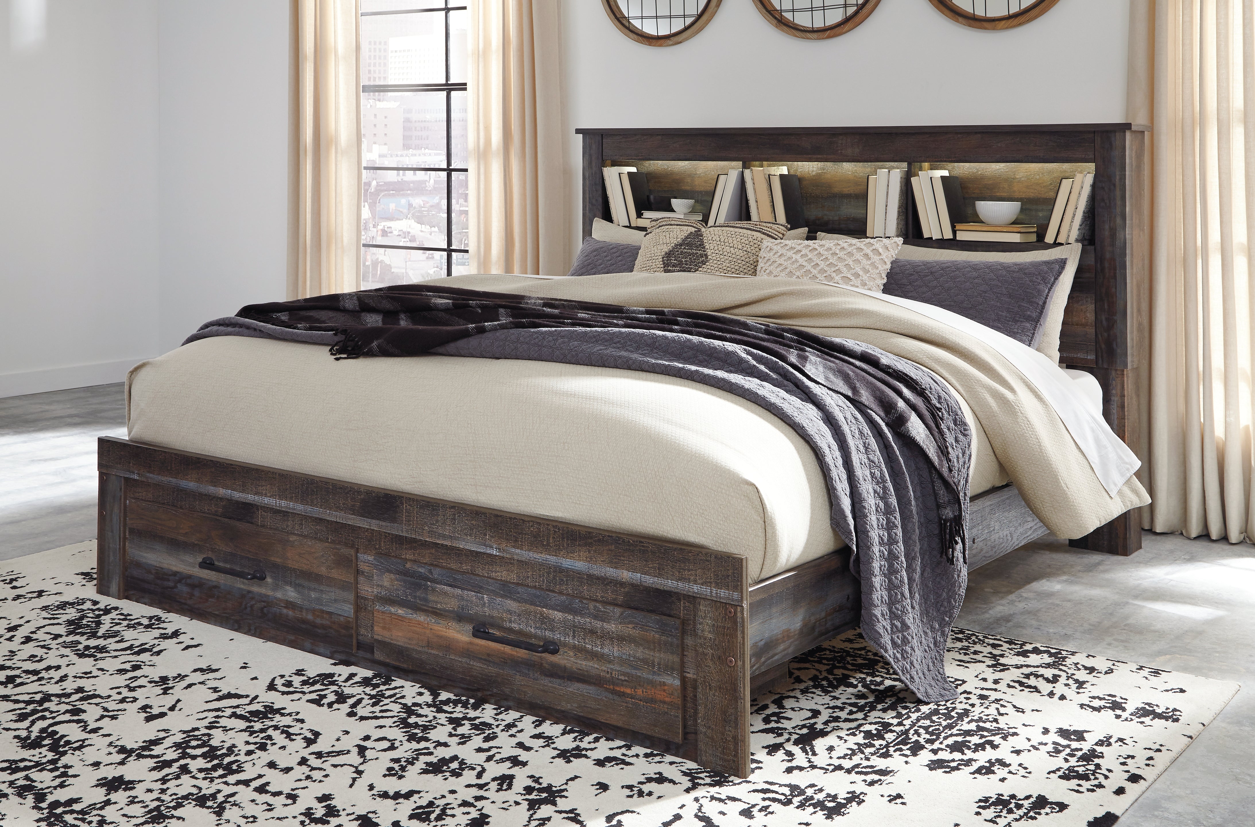 Coral Furniture - Ashley Furniture - Drystan Bedroom - King Bookcase Bed with 2 Storage Drawers / Multi - B211B27