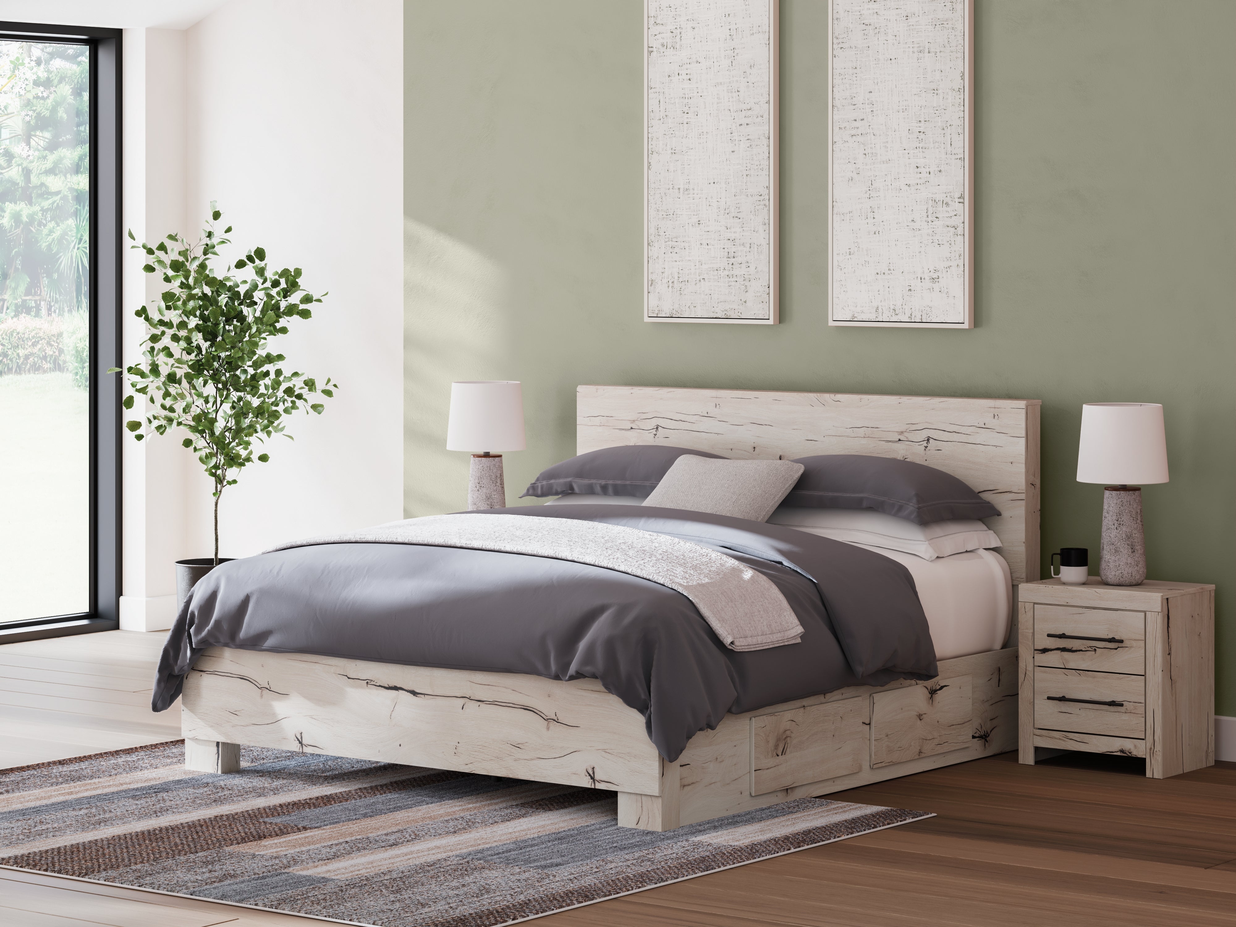 Coral Furniture - Ashley Furniture - Lawroy Bedroom - King Panel Bed with Storage / Light Natural - B2310B12