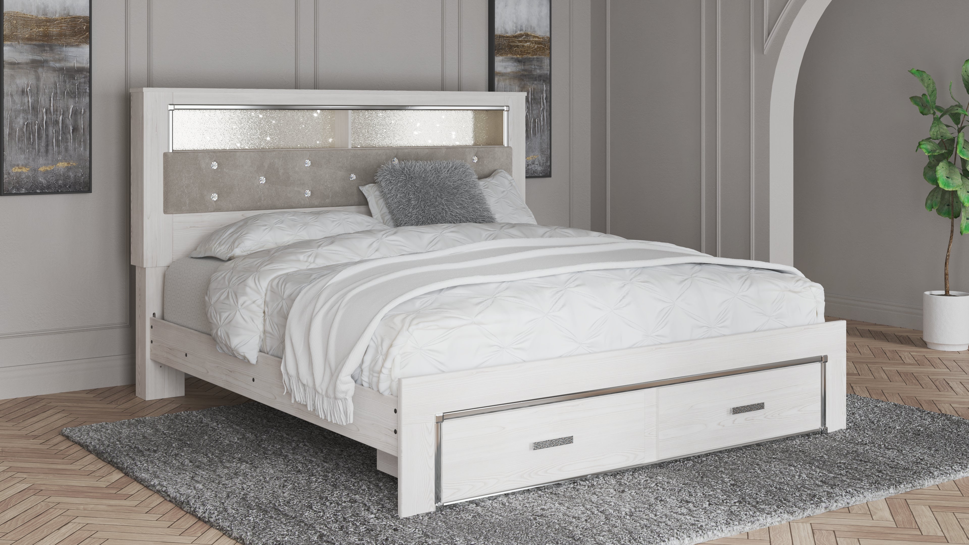 Coral Furniture - Ashley Furniture - Altyra Bedroom - King Upholstered Bookcase Bed with Storage / White - B2640B30
