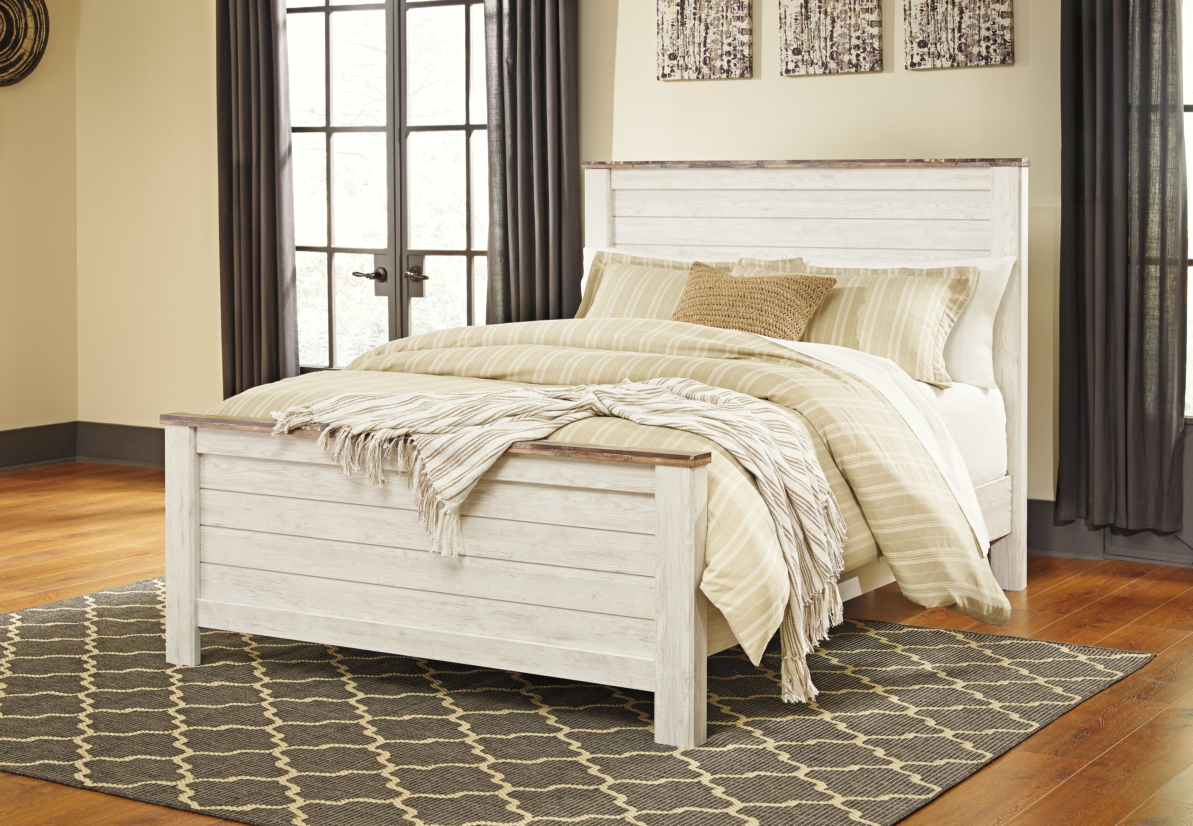 Coral Furniture - Ashley Furniture - Willowton Bedroom - King Panel Bed / Whitewash - B267B10